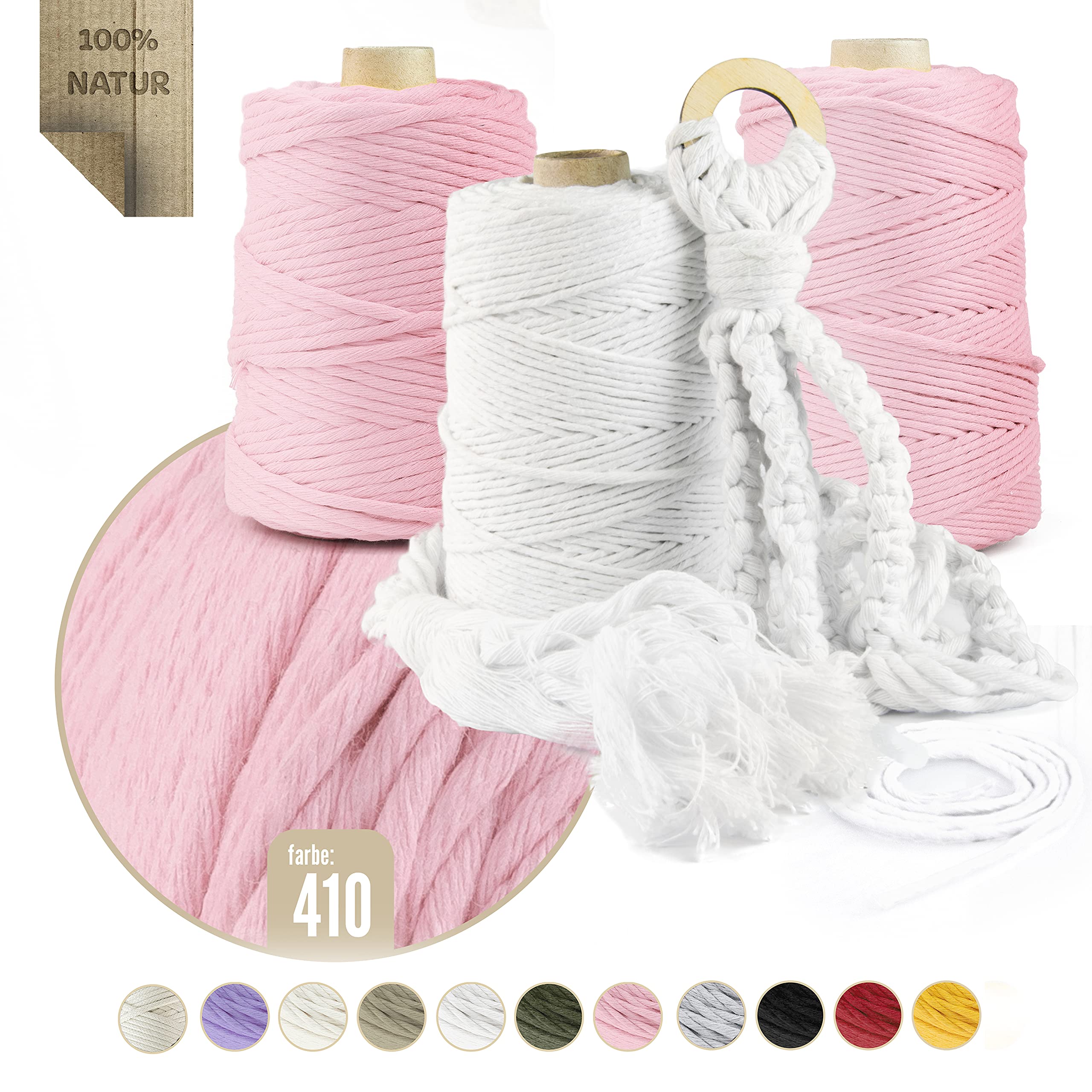 Filato Makramee, 1000 m | 3 mm | Rosa chiaro | 100% cotone | corda di cotone naturale | Filo di cotone | DIY decorazione
