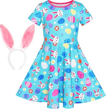 Sunny Fashion Girls Dress Easter Bunny Ears Headband Egg Hunt Size 3-8