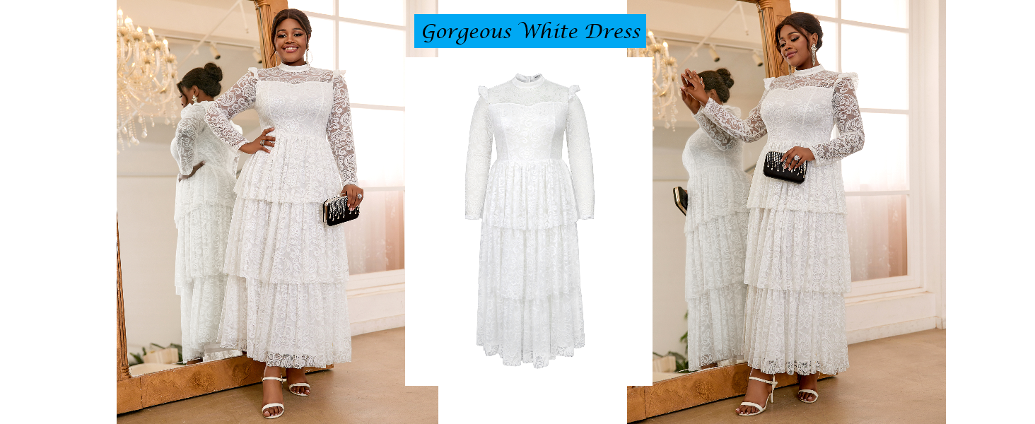 Amazon.com: AOMEI Women Elegant Floral Lace Tiered Ruffle Bridesmaid Dresses  for Wedding Long Sleeve Mock Neck Party Long Dress (0X,White) : Clothing,  Shoes & Jewelry