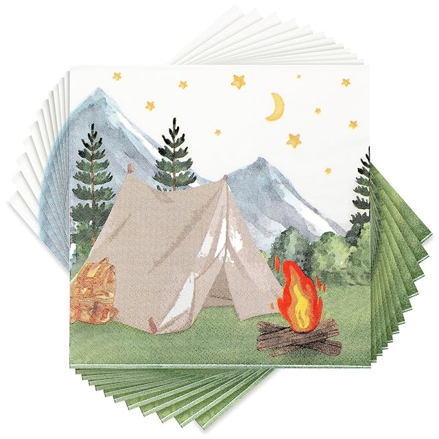 Nefelibata Camping Birthday Decorations Camping Paper Napkins One Happy Camper Napkins with Watercolor Tent Campfire Adventure Forest Bachelorette