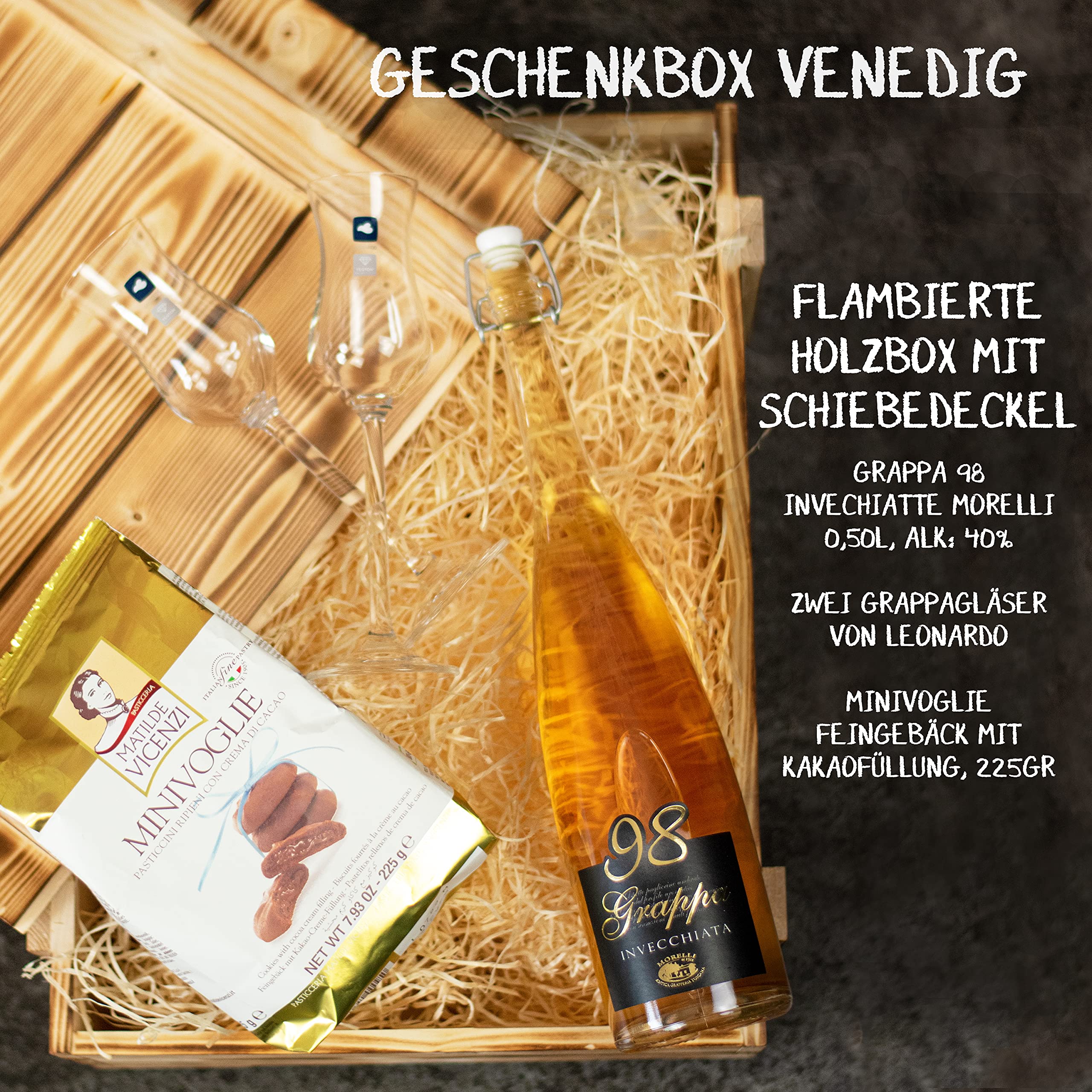 Geschenkset "Venedig" | Italienischer Geschenkkorb gefüllt mit Grappa, Gläser, italienischer Schokolade & Holzkiste | Spirituosen Geschenk für Männer & Frauen zum Geburtstag