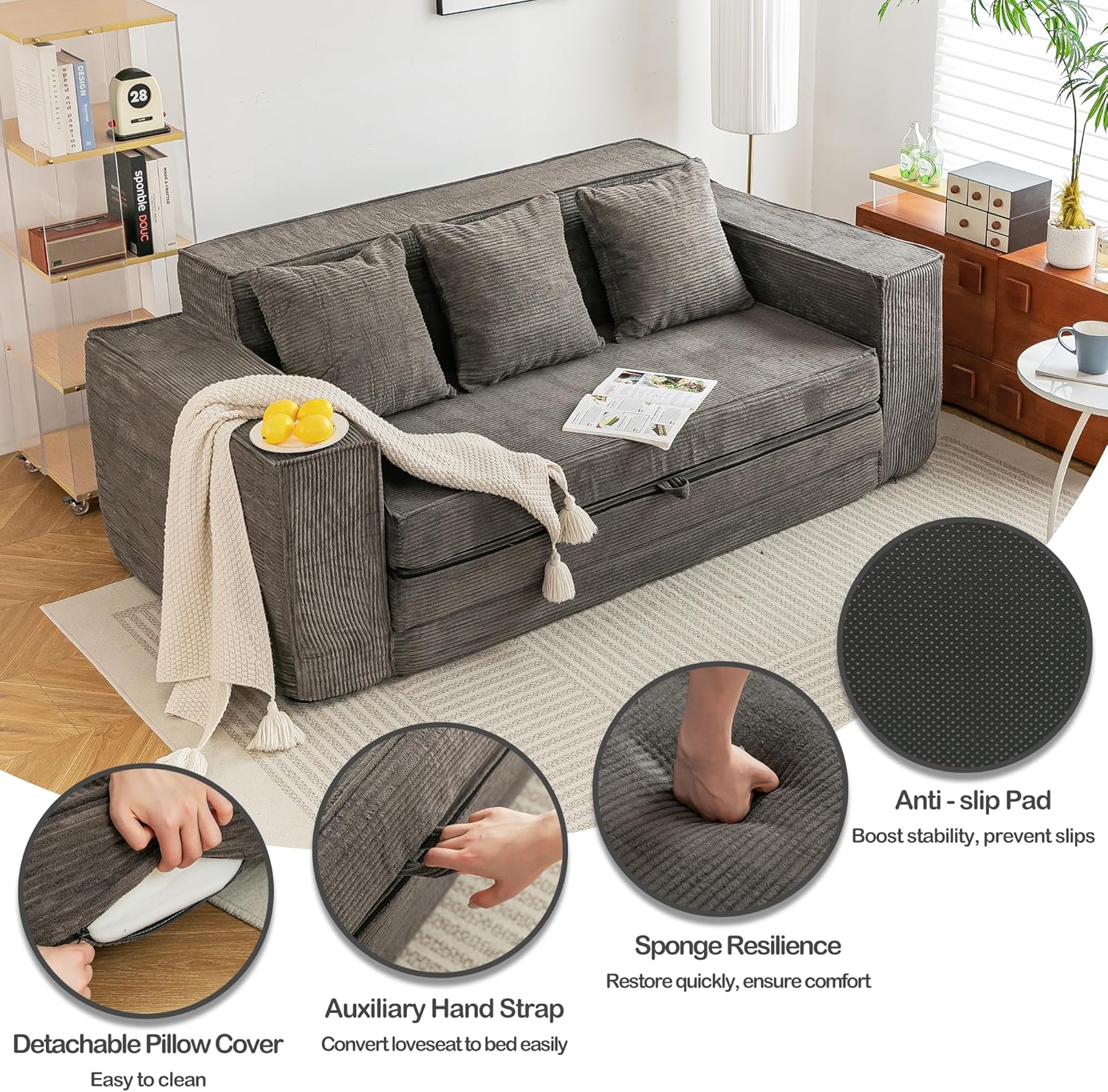 HOMREST Convertible Memory Foam 3-seat Sofa & Loveseat, Pull Out Sleeper Sofa Bed, 2 in 1 Folding Couch Bed, Fold Out Floor Couch Corduroy Fabric with Pillows for Living Room Bedroom Lounge(Grey)