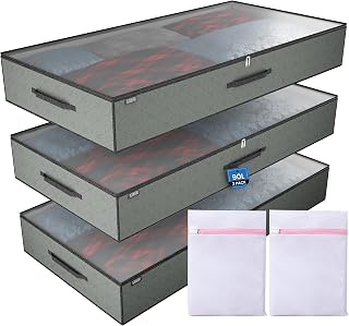LOBUK 3 Pack 90L Underbed Storage Bags and Organizer (100cm x 50cm x 15cm) with 2 Ziplock Bags,Spacious & Durable Under Bed Home Storage Solution for Clothes, Duvets, Comforters & Bedding(Grey)
