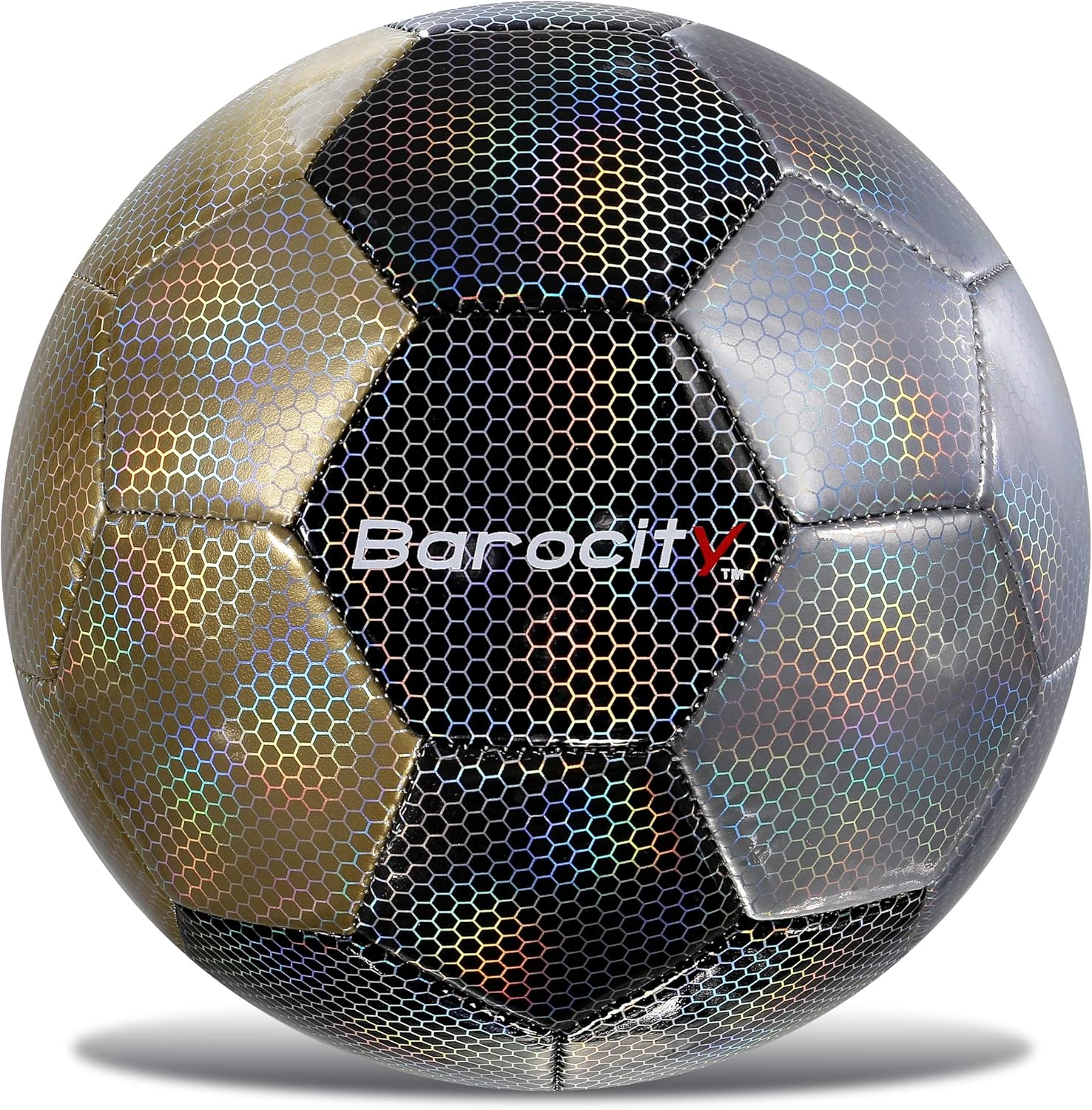 Soccer Ball - Premium Boy and Girl Official Match Ball with Cool Reflective Iridescent Rainbow Hex Pattern, Durable, Indoor, Outdoor, Training, Practice, Playtime and Games Silver, Black & Gold Size 5