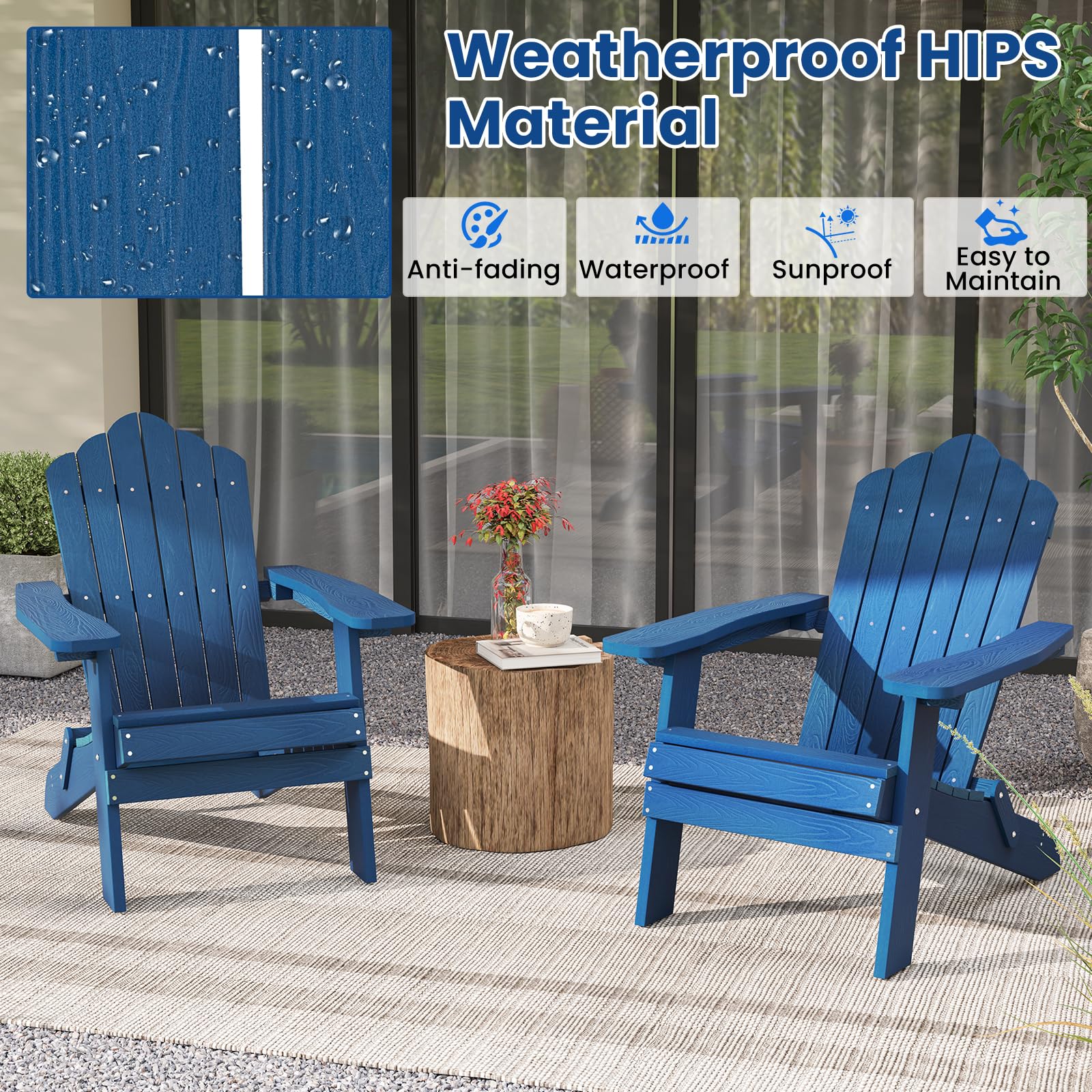 KOMFOTTEU Silla Adirondack Plegable, Silla de Jardín de Hips con Respaldo Inclinado y Reposabrazos Anchos, Sillón Ergonómica con Carga de 180 kg, Asiento de Exterior para Balcón, Terraza (Azul)