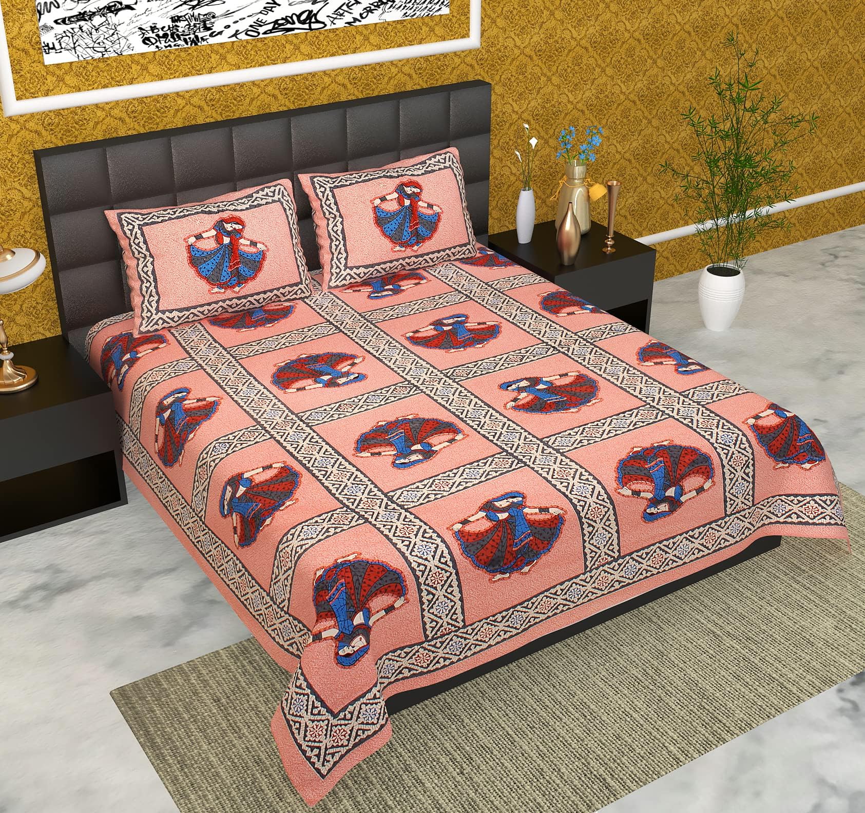 Butea Crape Double Bedsheet (225*260cm) with 2 Pillow Cover ( 45*70cm) Badmeri Gujari (Peach)
