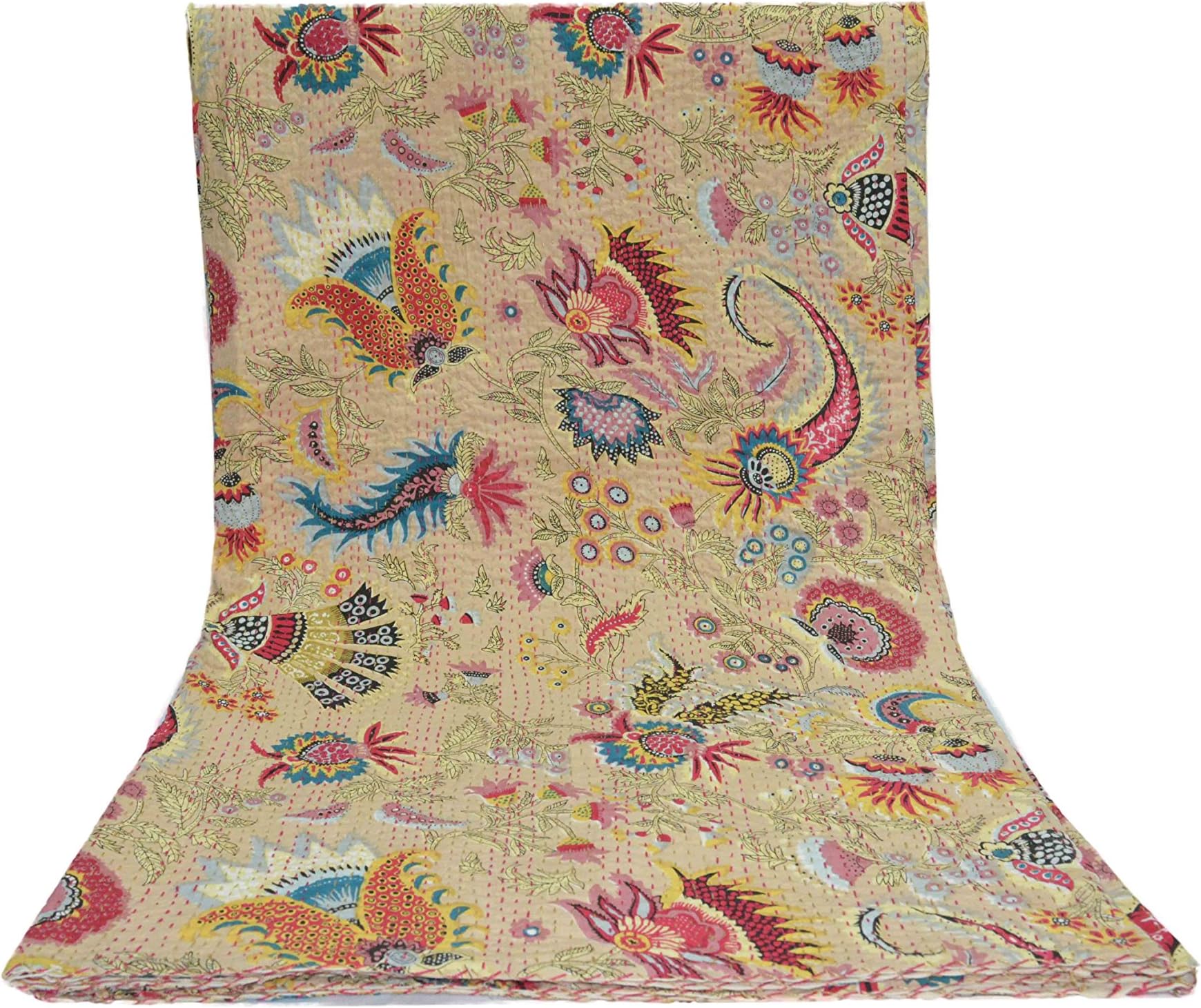 Sophia-Art Beige Multicolor Mukut Print King Size Kantha Quilt, Kantha Blanket, Bed Cover, King Kantha Bedspread, Bohemian Bedding Size 90x108 Inch