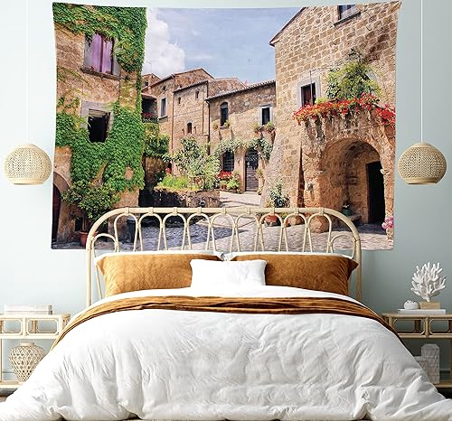 Miniatura 5 de Lunarable Tapiz de la Toscana, calles italianas en el campo, casas de ladrillo tradicionales con estampados antiguos toscanos, decoración de tela
