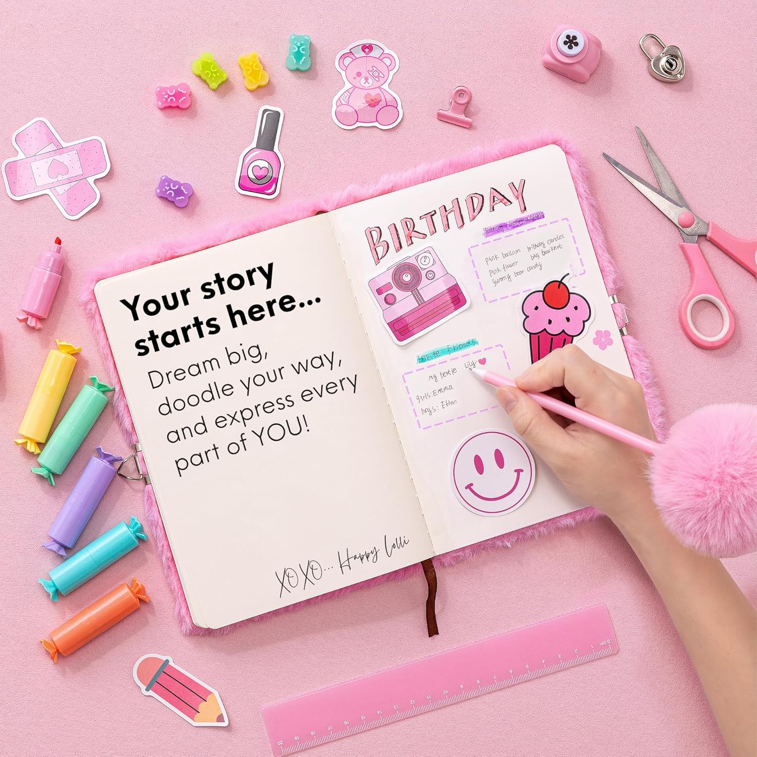 HAPPY LOLLI Pink LolliME DIY Journal Kit for Girls – 300+ Pieces! Lockable Fuzzy Diary, Markers, Stickers & Empowering Pages – Gift Box for Tweens & Teens – Creative Journaling Set - Image 3