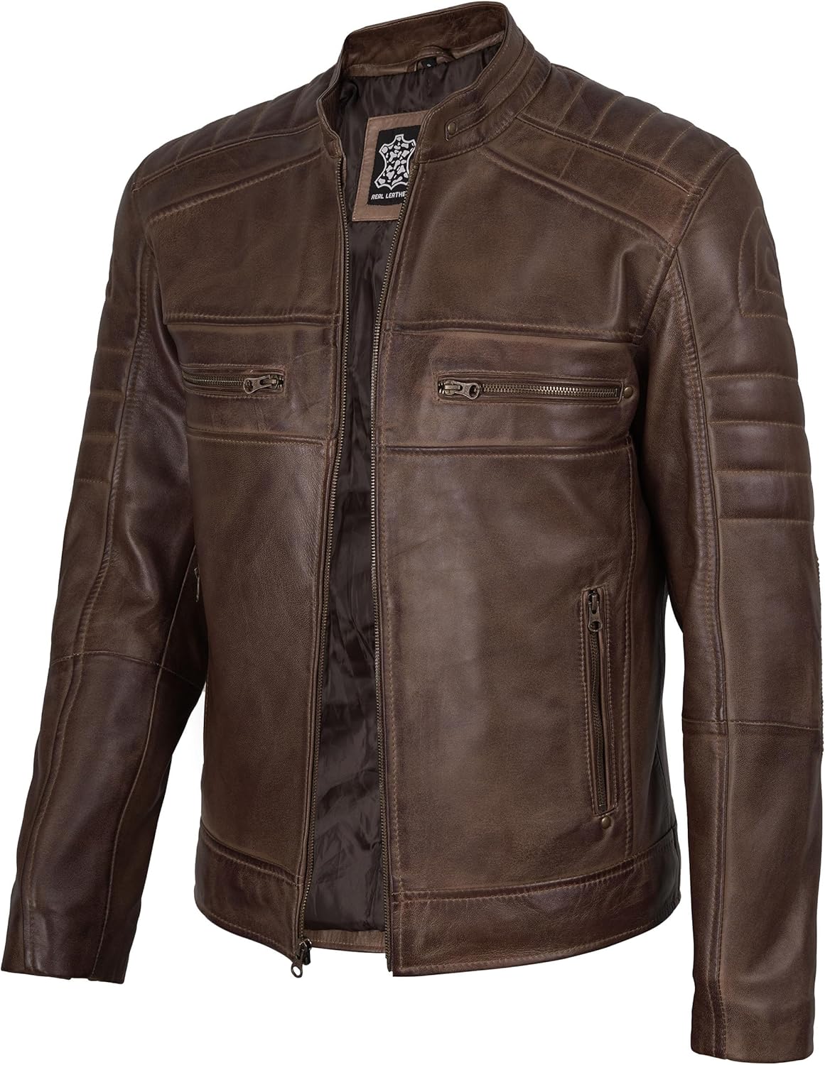 fjackets Cafe Racer Leather Jacket Men - Real Lambskin Natural Grain Leather Moto Style Jackets For Mens