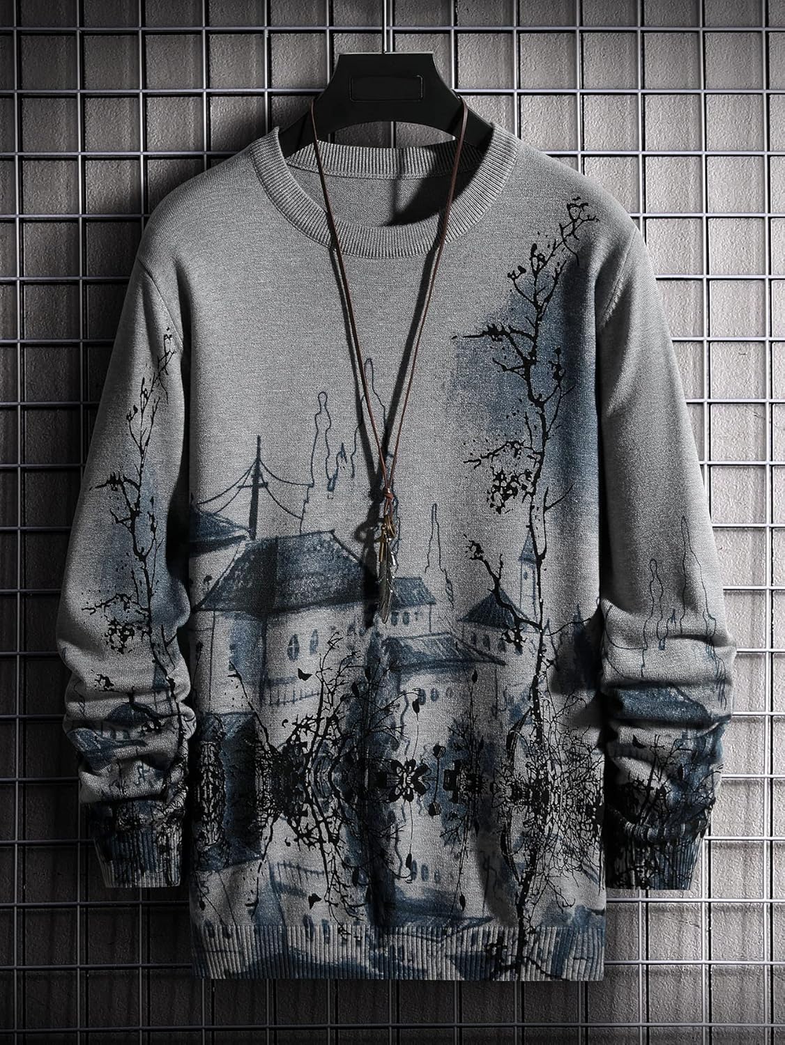 OSHHO Sweaters for Men - Men Ink Painting Pattern Sweater (Color : Gray, Size : X-Large)