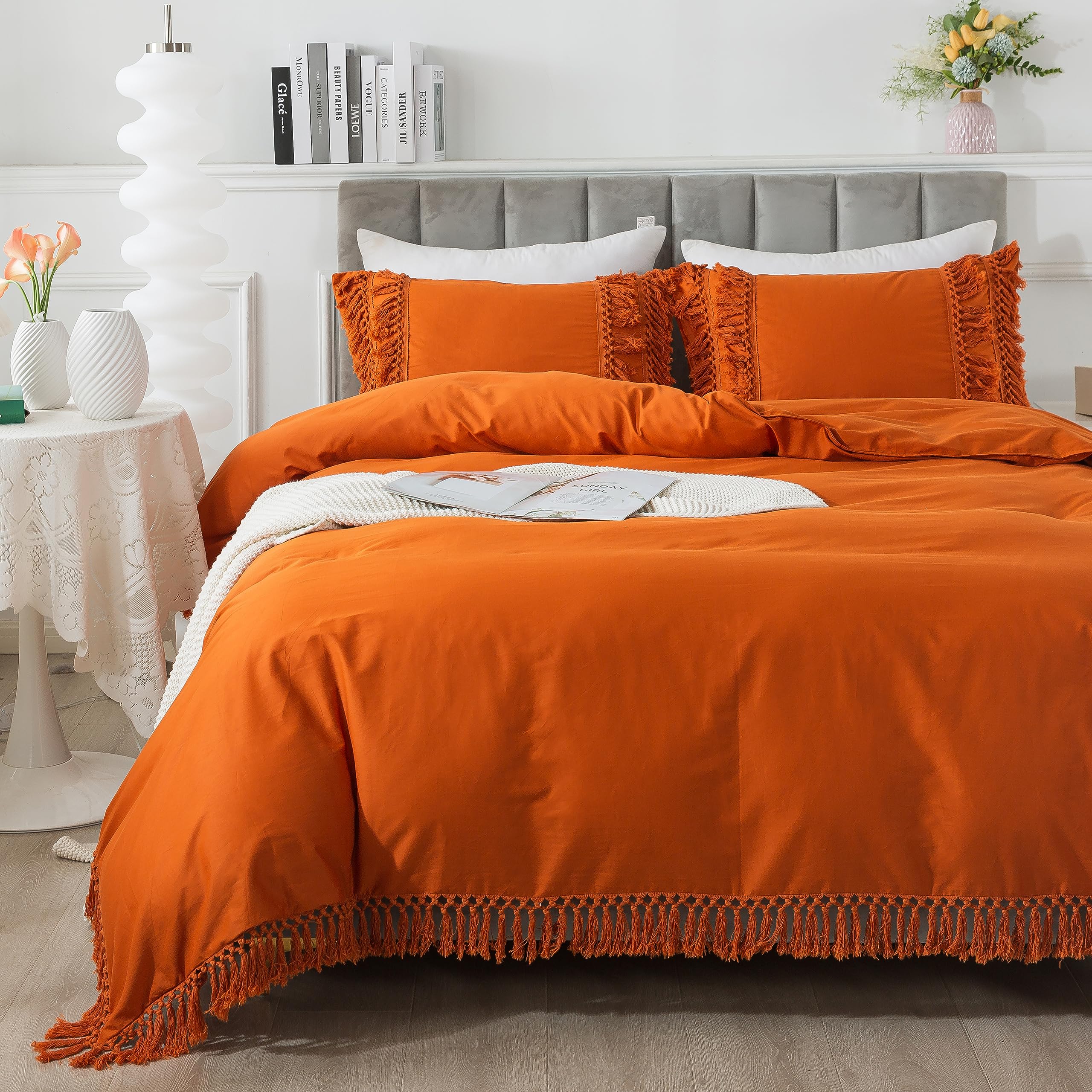 Funda de edredón de algodón lavado con borlas, juego de cama bohemio elegante de 3 piezas