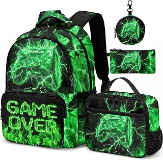 Game Backpack Set for Boys Kids – 17" Large Capacity Gaming School Bag with Lunch Box, Pencil Bag and Coin Purse (Green)