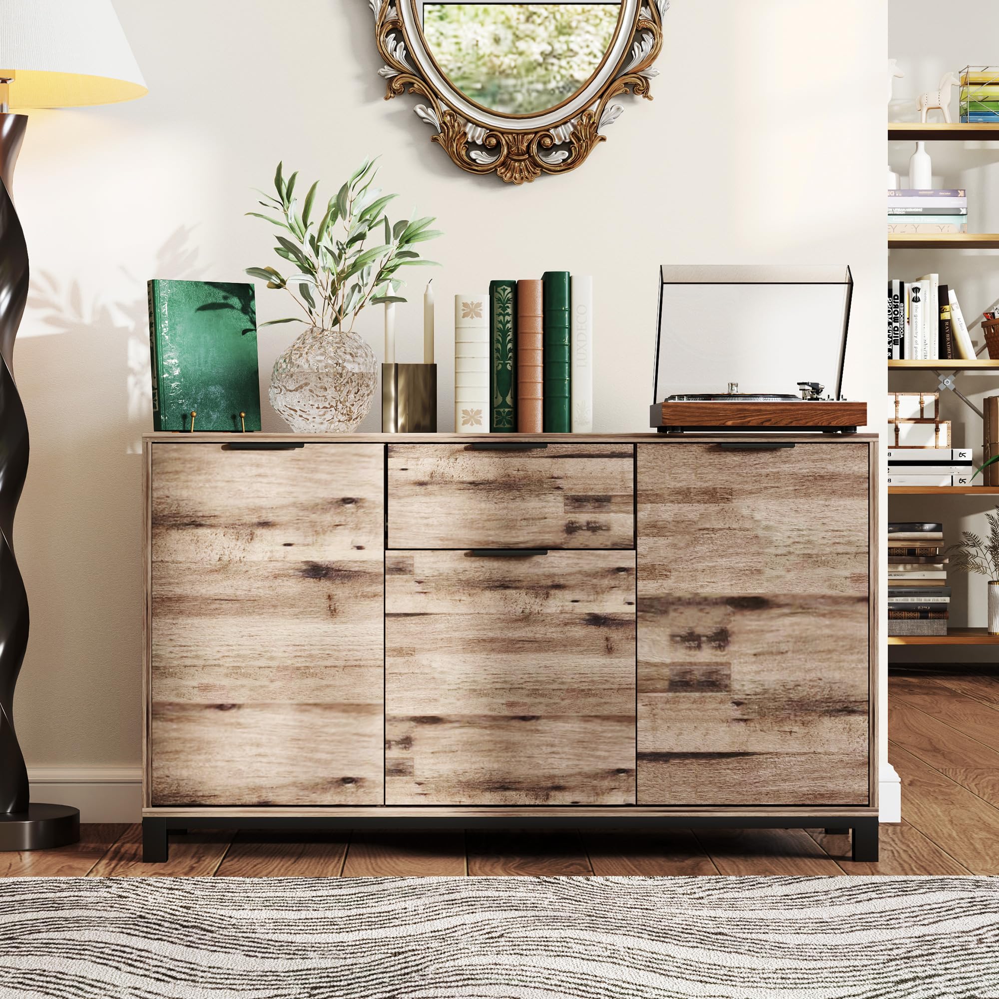 HOMCOM Mobile Soggiorno Madia, 3 Armadietti, 120x36.5x70 cm, Marrone | Credenza Soggiorno, Cassetto, Ripiani Regolabili, Gambe in Acciaio in Stile Industriale, Sala da Pranzo, Cucina
