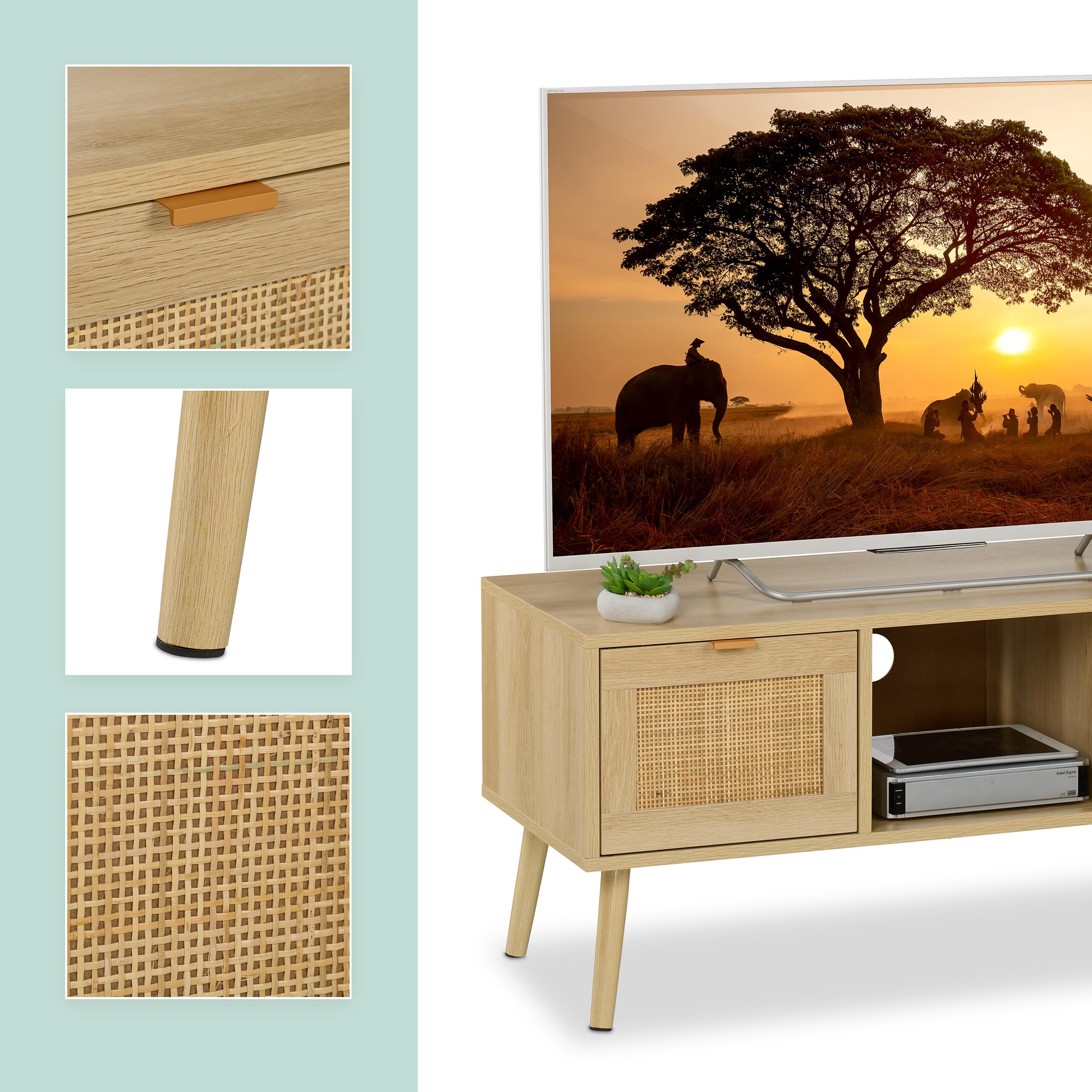 Relaxdays Mueble TV, Efecto Ratán, Mesa para Televisor hasta 43", Lowboard, 45,5 x 100 x 40 cm, Cómoda Tele, Natural
