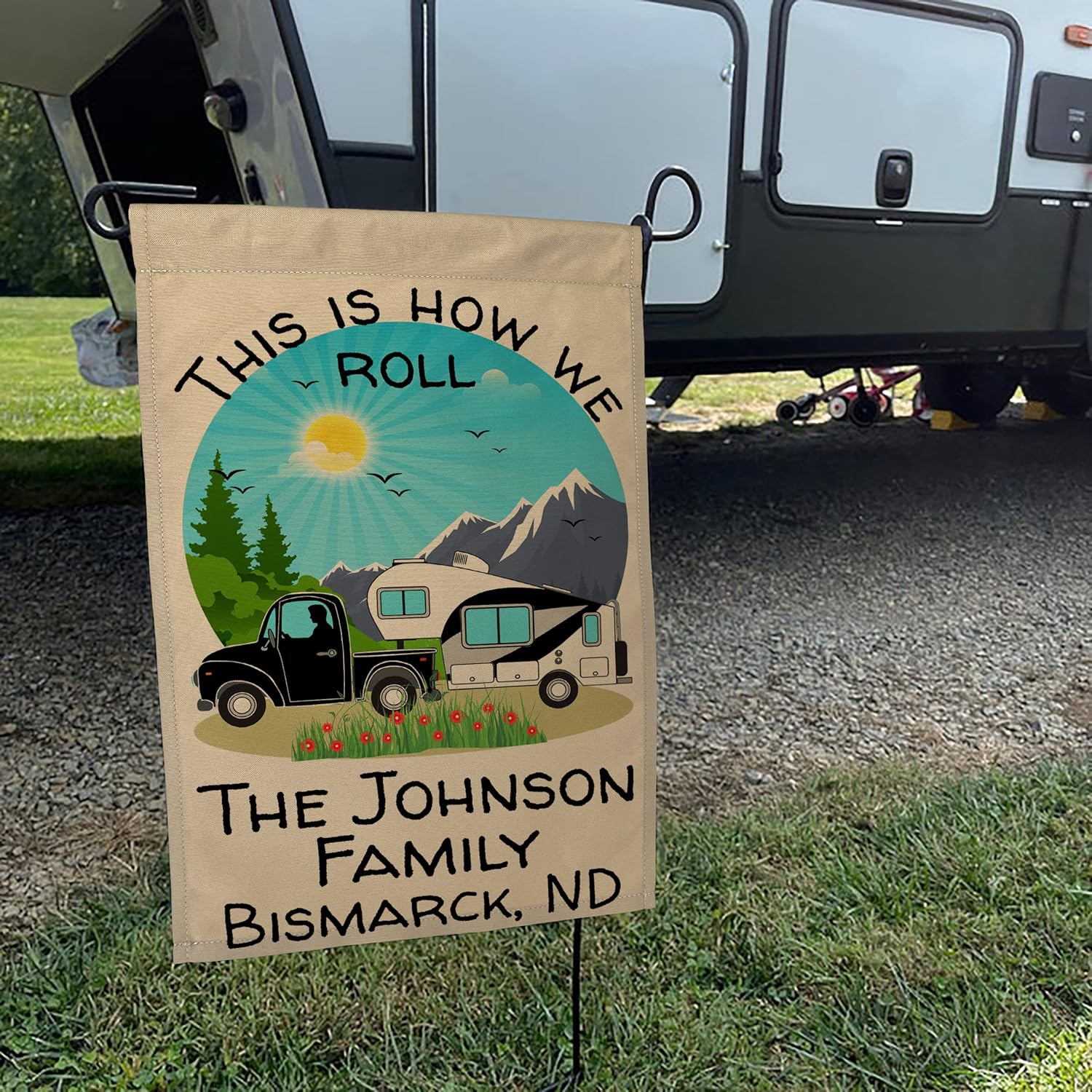 This is How We Roll, Personalized Camping Themed Garden Flag with 3 Lines of Custom Text, Black Truck and 5TH Wheel on Tan Outdoor Fabric