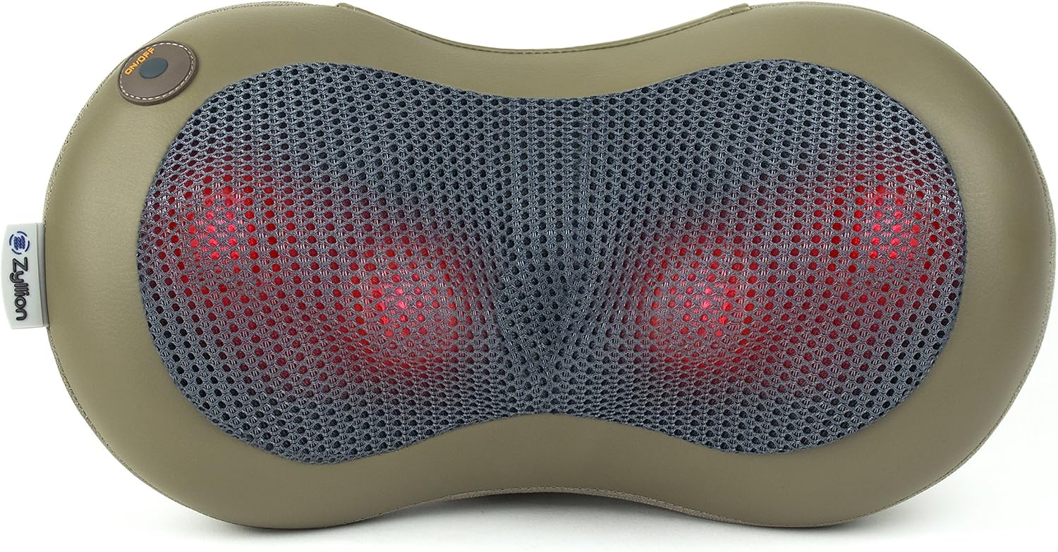 Zyllion ZMA19BR Shiatsu Neck and Back Massager Heated Pillow with kneading nodes (Brown)- One Year Warranty