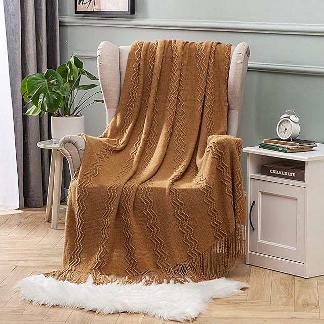 MIULEE Knit Throw Blanket for Couch Super Soft Woven Spring Lightweight Boho Throw Blanket, Breathable Decorative Blankets Throws with Tassels for Bed Sofa Chair 50x60inch / 125x150cm, Brown