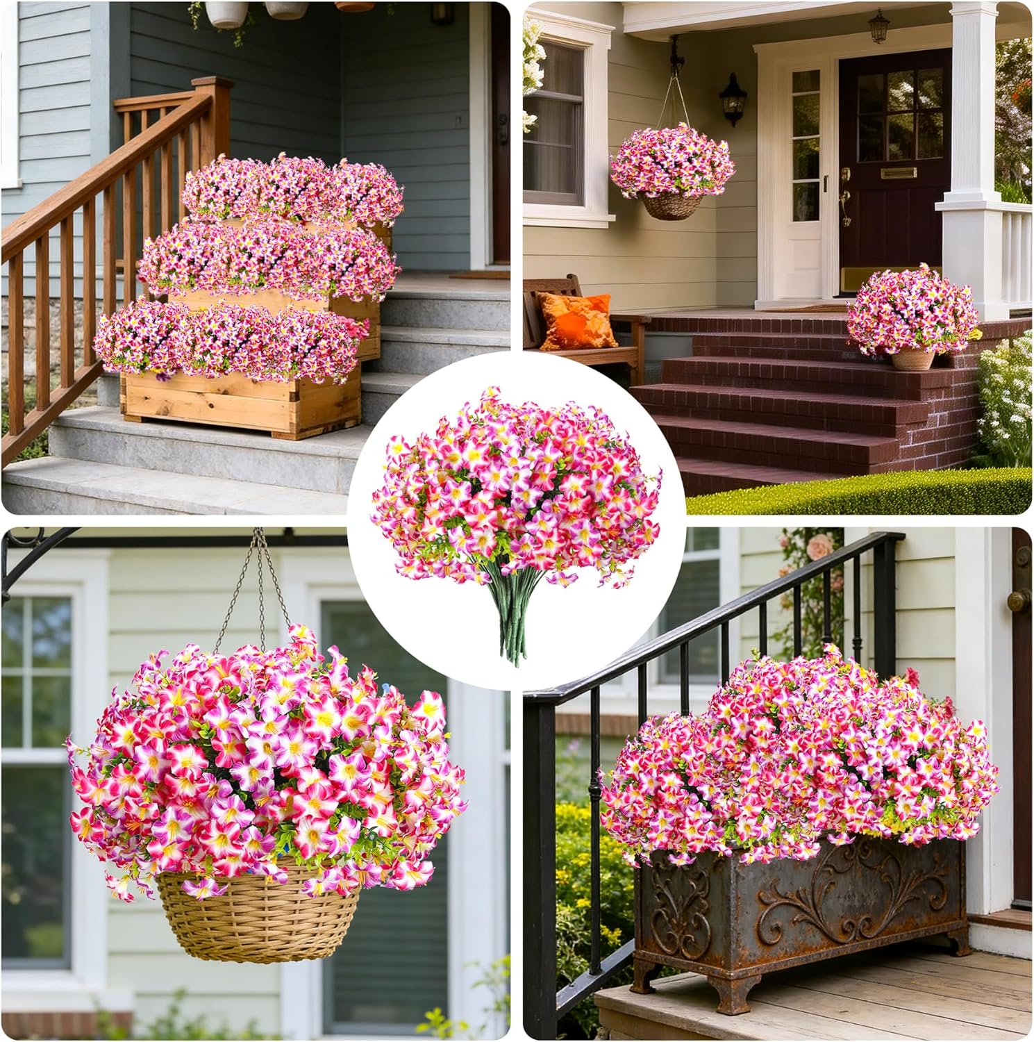 10PCS Outdoor Faux Petunia Flowers UV Resistant Artificial Fake Flowers Greenery Eucalyptus Plants for Spring Summer Garden Patio Window Box Planter Home Decor (Petunia Rosy White Purple White) - Image 6