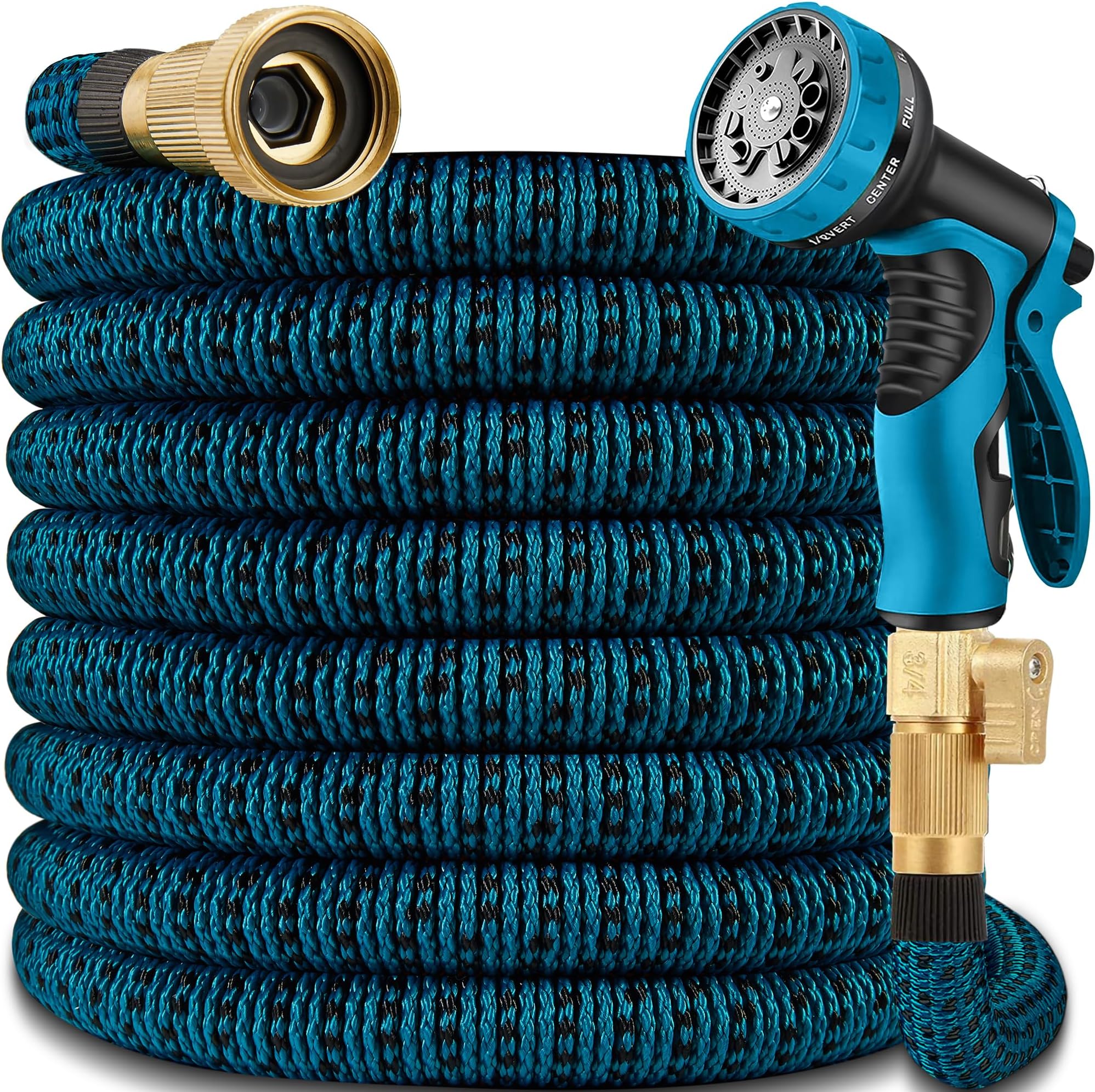 100ft Expandable Garden Hose with 10 Function Spray Nozzle, 2024 New Superior Strength Flexible Hose, 3/4 Brass Connectors- Leakproof Lightweight Water Hoses for Gardening, Washing(Blue Black)