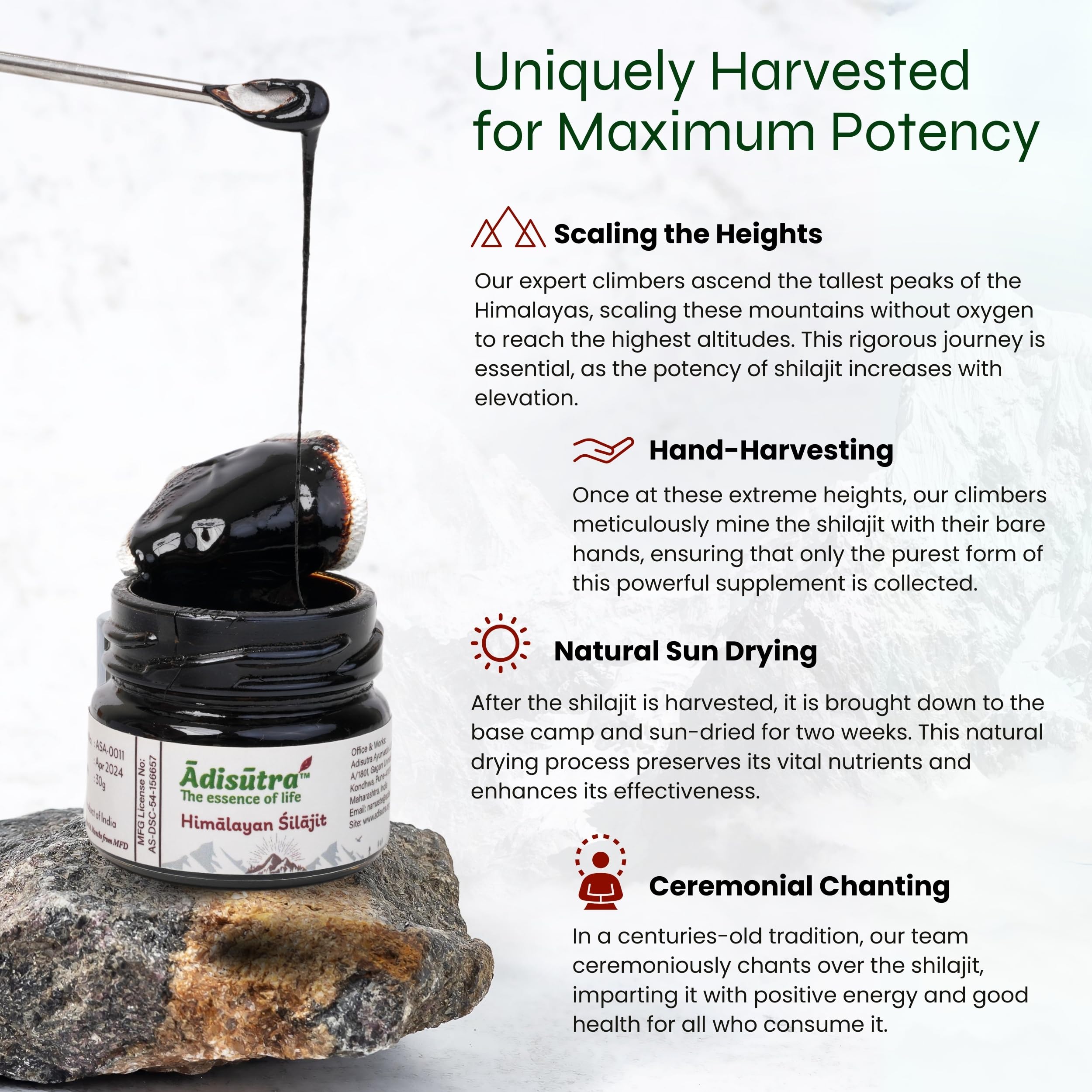 Żywica Adisutra Shilajit/Shilajeet 30 g | 500 mg na porcję – 60 porcji | dla zdrowia mózgu, energii i witalności | Przebadana laboratoryjnie przez Eurofins, zawiera aż 76,7% kwasu fulwowego | 100% ocz