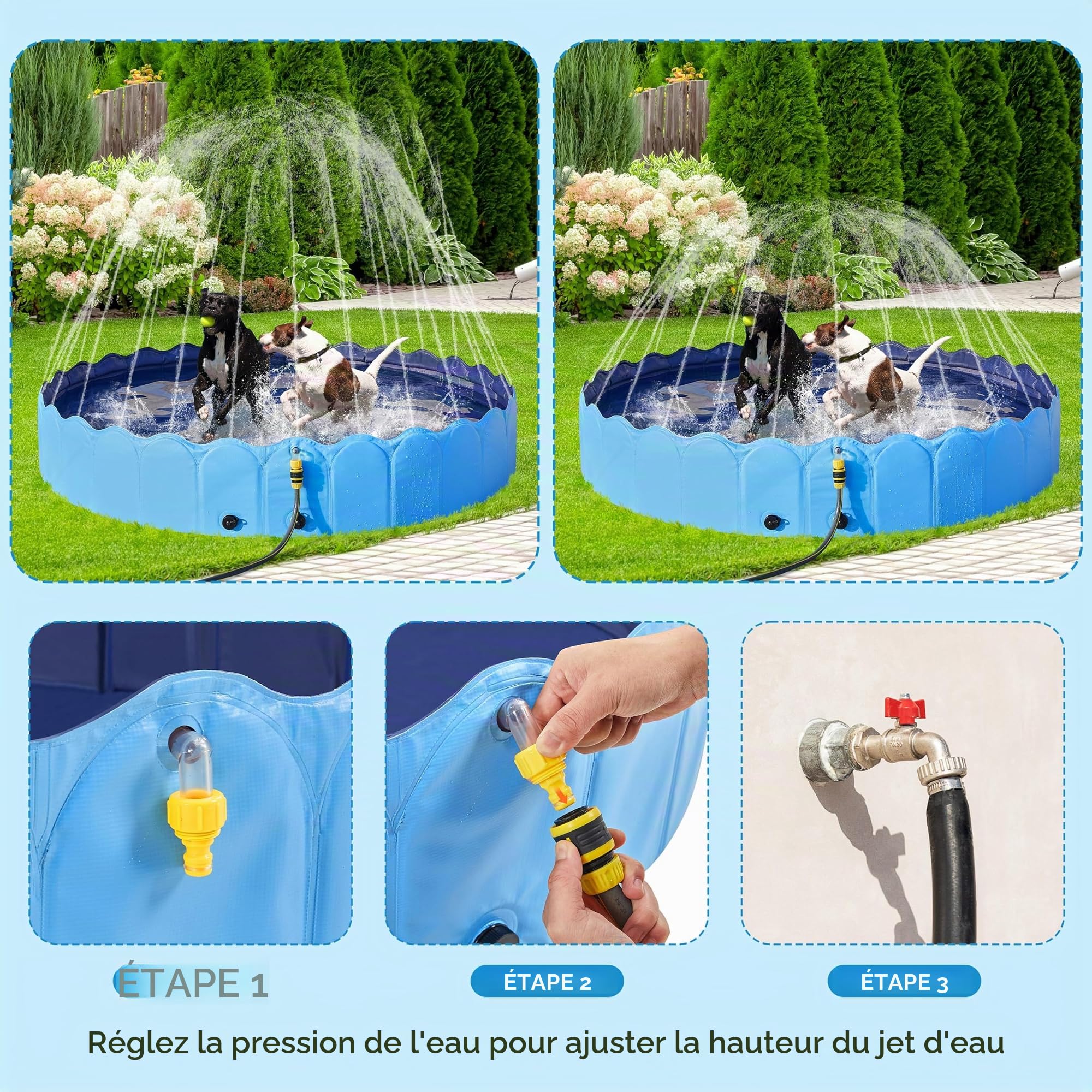 Yaheetech Piscine pour Chien Pliable 160 cm avec arroseur Antidérapante | Jet d'eau pour Chien 0,6 cm d'épaisseur Jouet aquatique pour l'été Extérieur/Intérieur Bleu
