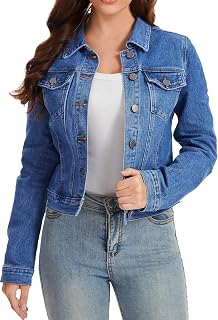 Andy & Natalie Women's Stretch Cropped Denim Jean Jacket - Fitted Classic Button-Down with Pockets
