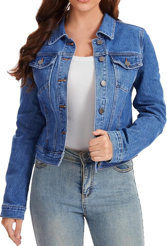 Women's Jean Jacket Stretch Cropped Button Down Denim Jackets Fitted Classic Jacket with Pockets