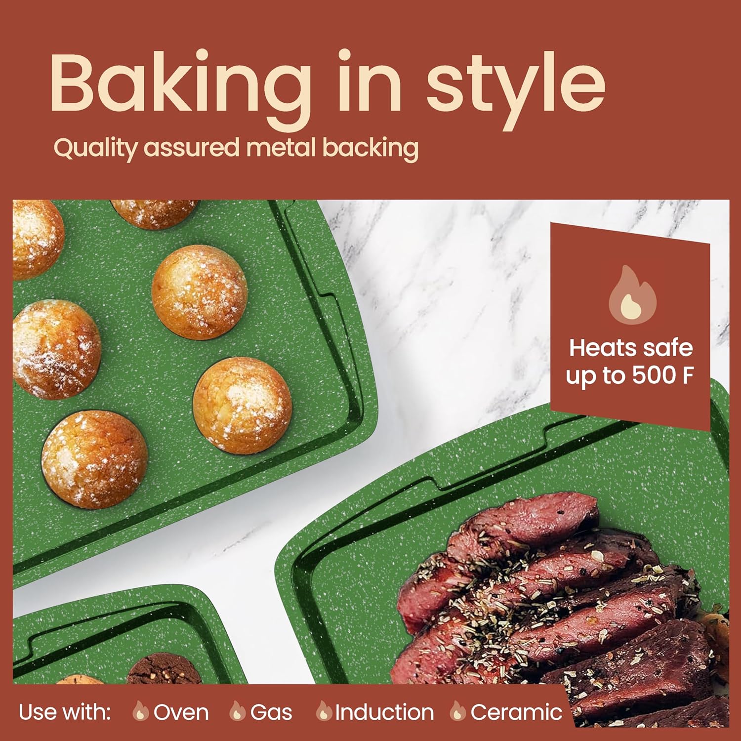 BAKKEN Kitchen Baking Pan Set - Nonstick Green Marble Coating, Commercial Grade Carbon Steel Bakeware Sets, Baking Kitchen Essentials, PFOA, PFOS, PTFE Free, Oven Safe Tray (Up To 450° F), Set of 6