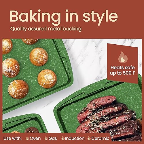 Miniatura 8 de BAKKEN - Juego de sartenes para hornear, revestimiento de mármol verde antiadherente, juegos de utensilios para hornear de acero al carbono de grado