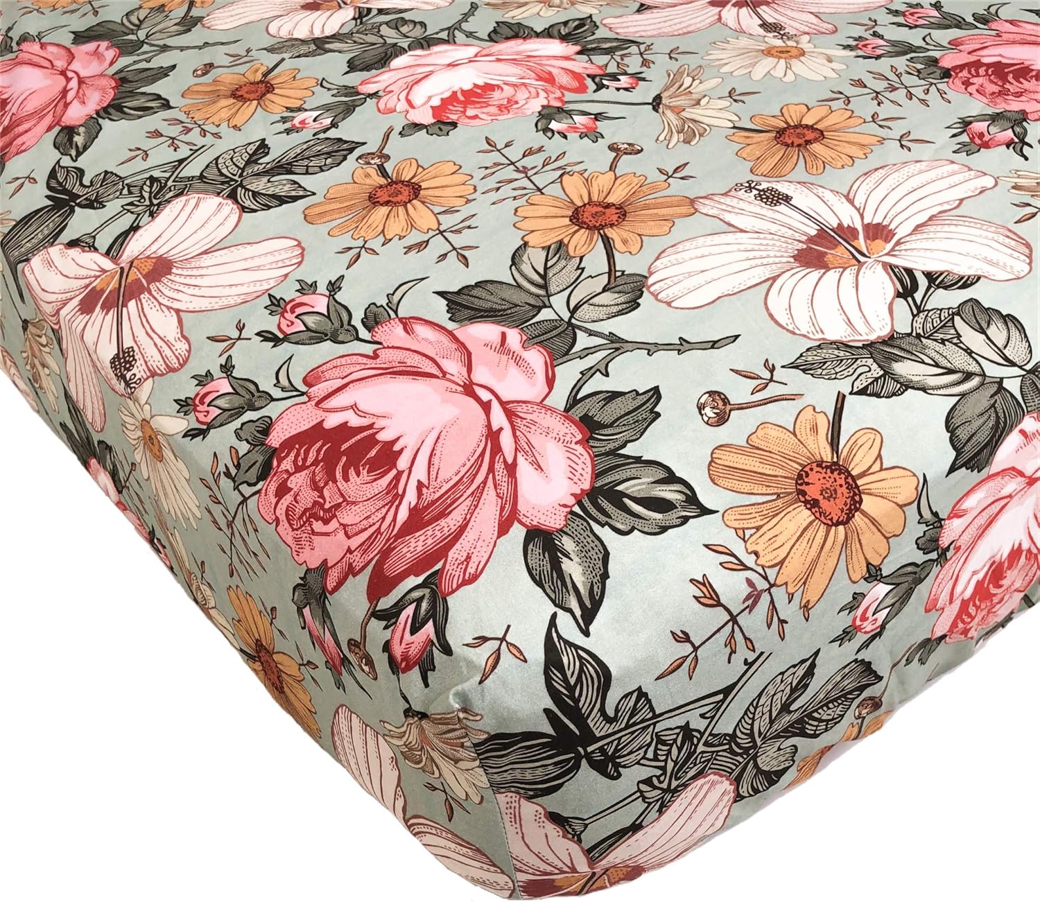 Fitted Crib Sheet (Standard Size) - Garden Floral (Sea Foam) Design, Woven 100% Cotton for Baby Girl Infant, Toddler Nursery Bedding and Bassinet Mattress Cover Inspiration by Mini Wander : Baby