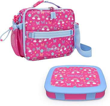 Bentgo Prints Insulated Lunch Bag Set With Kids Bento-Style Lunch Box Rainbows and Butterflies