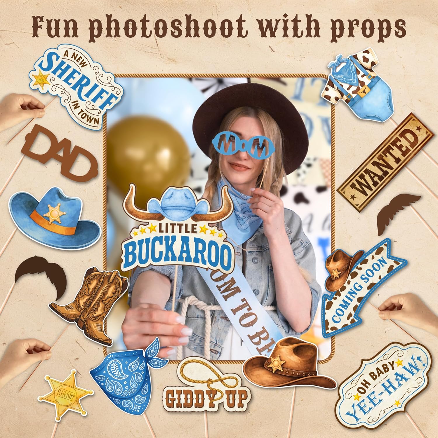 Premium Cowboy Baby Shower Decorations for Boy, A Little Cowboy is on the Way Decorations, Western Baby Shower Decor with Backdrop, Balloons, Banner, Table Decor, Sash, Photo Props, and More