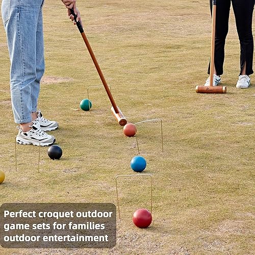 Miniatura 2 de Pointyard Juego de croquet de 35 pulgadas para seis jugadores, Deluxe [estilo retro Annatto] juego de croquet con mazos de madera/bolas