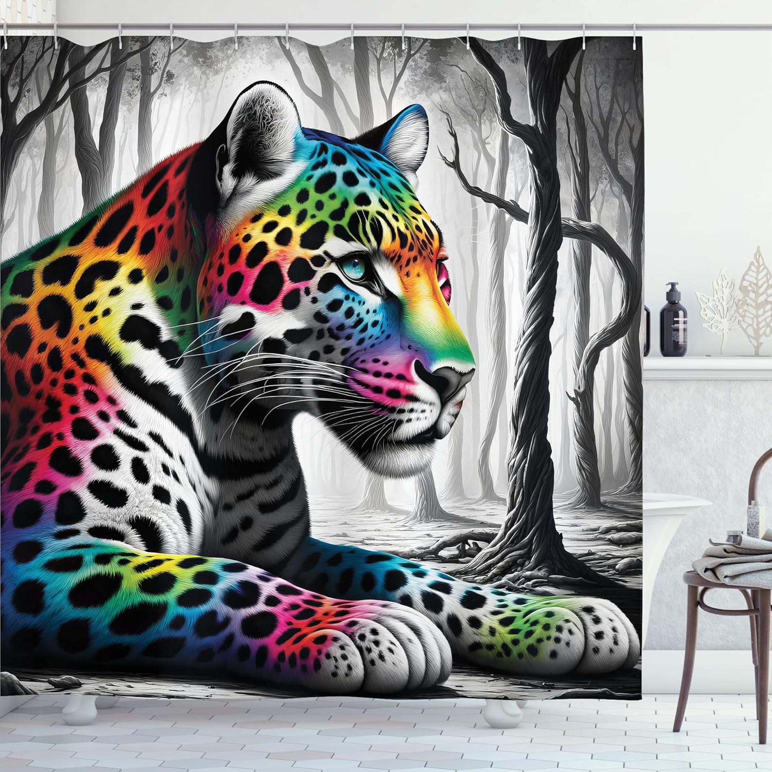 Ambesonne Leopard Shower Curtain, Wild Savage Cat with Abstract Rainbow Fur in Greyscale Woods Leafless Trees, Cloth Fabric Bathroom Decor Set with Hooks, 69" W x 70" L, Grey Multicolor