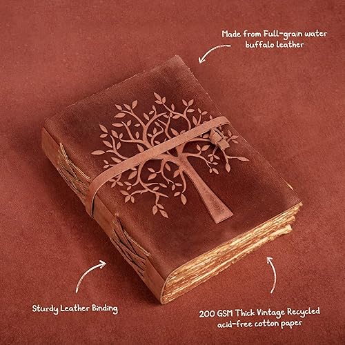 Miniatura 5 de LEATHER VILLAGE Diario del árbol de la vida, 6 x 4 pulgadas (A6), rojo y marrón, 200 hojas antiguas hechas a mano con borde de deckle - Libro de las