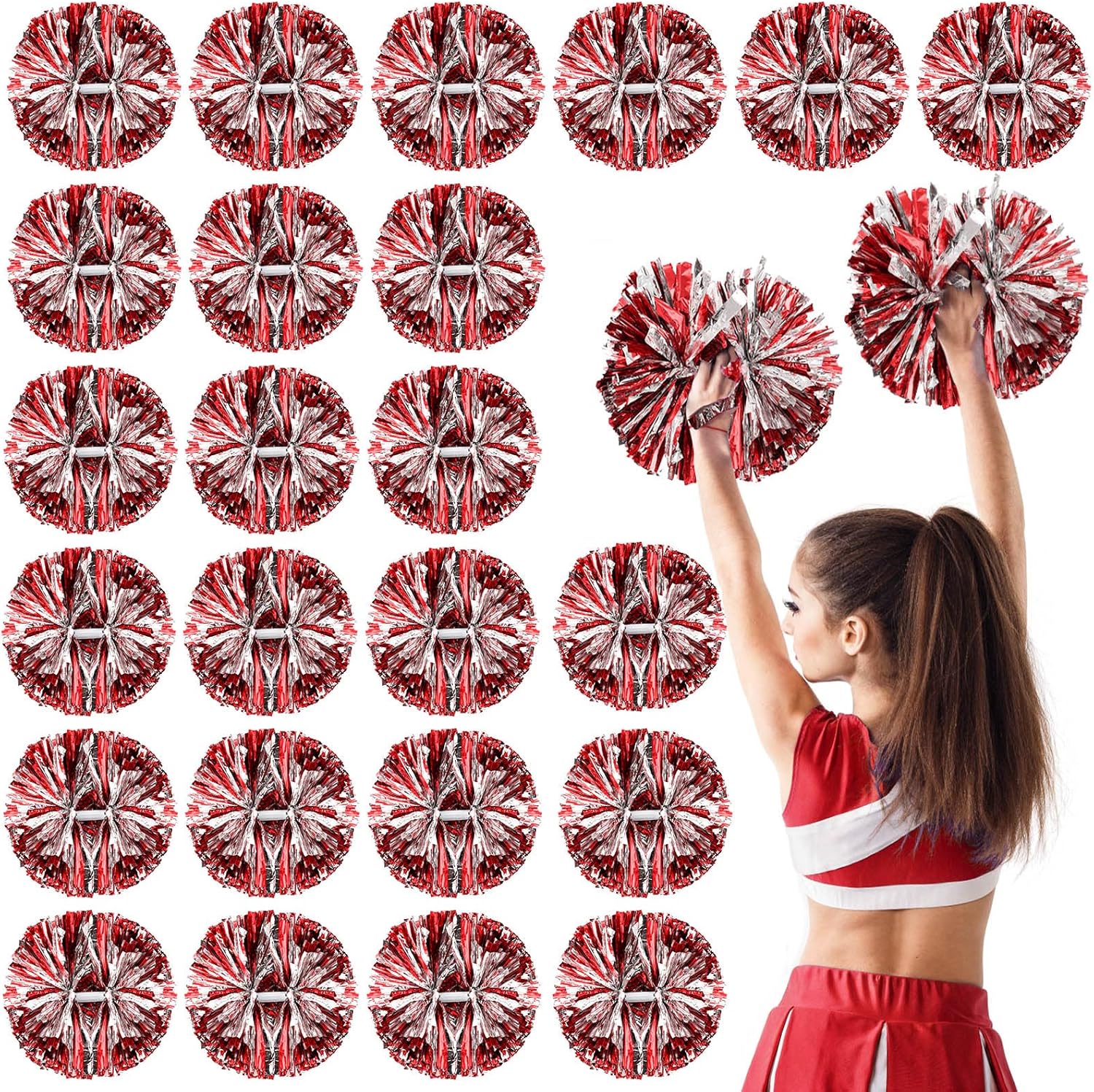 Yunsailing 24 Pack Cheerleading Pom Poms with Baton Handle 14.5 Inch Metallic Cheering Squad Pompoms for Team Sports Football Dance Cheering Adults(Red and Silver)
