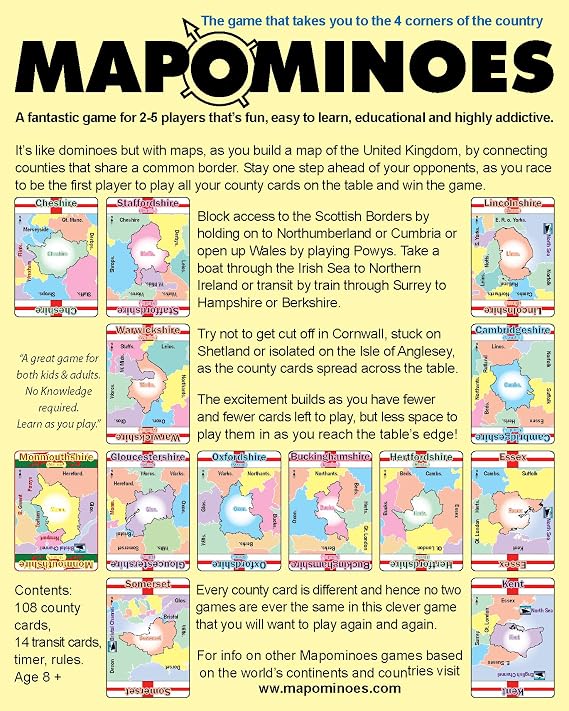 MAPOMINOES UK - Fun educational geography travel game about connecting counties in England, Scotland, Wales & Northern Ireland. Like dominoes with maps.