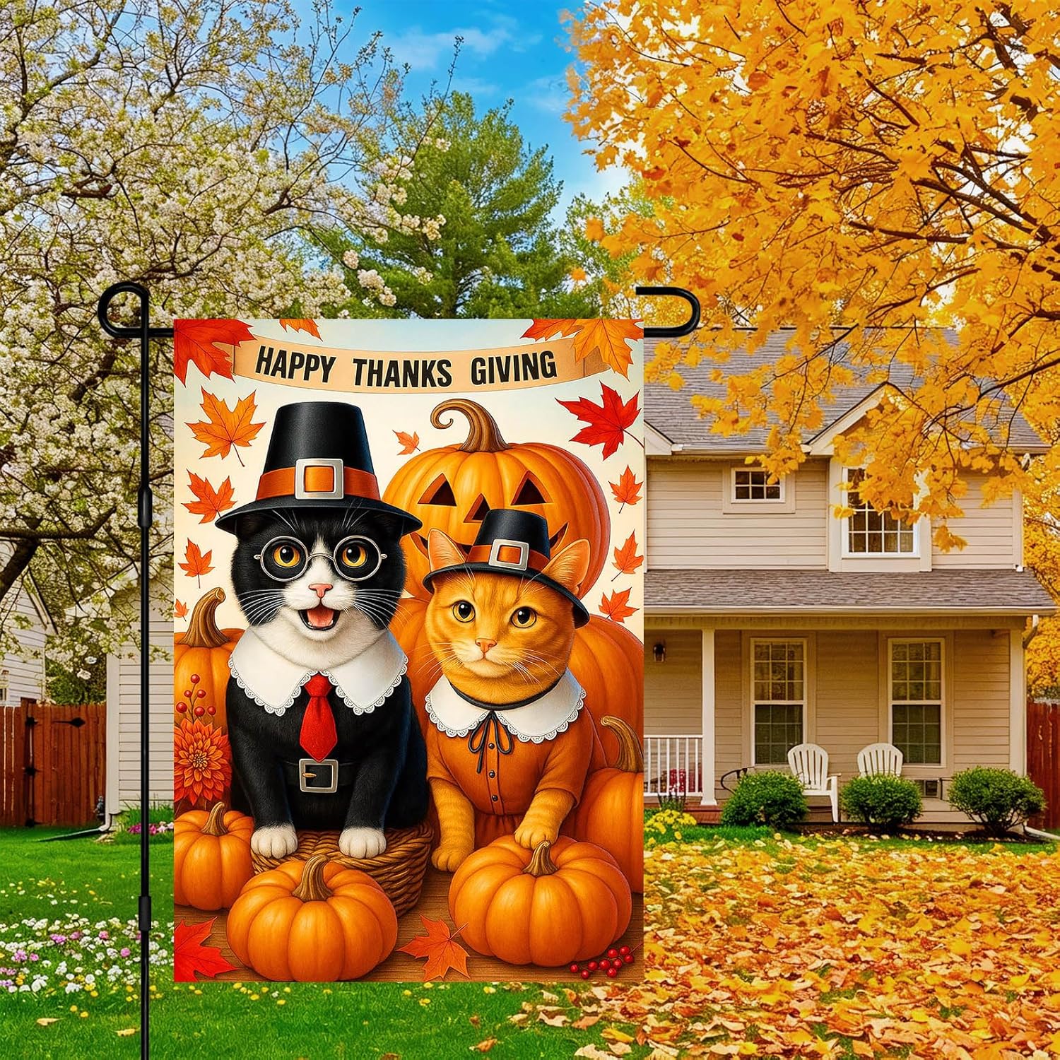 IVN Thanksgiving Garden Flag 12x18 Inch Double Sided Black and Orange Cats Pilgrim Costume Pumpkin Leaves Outdoor Yard Flag for Outside Home Front Door Lawn Porch Patio Welcome Decor - Image 3