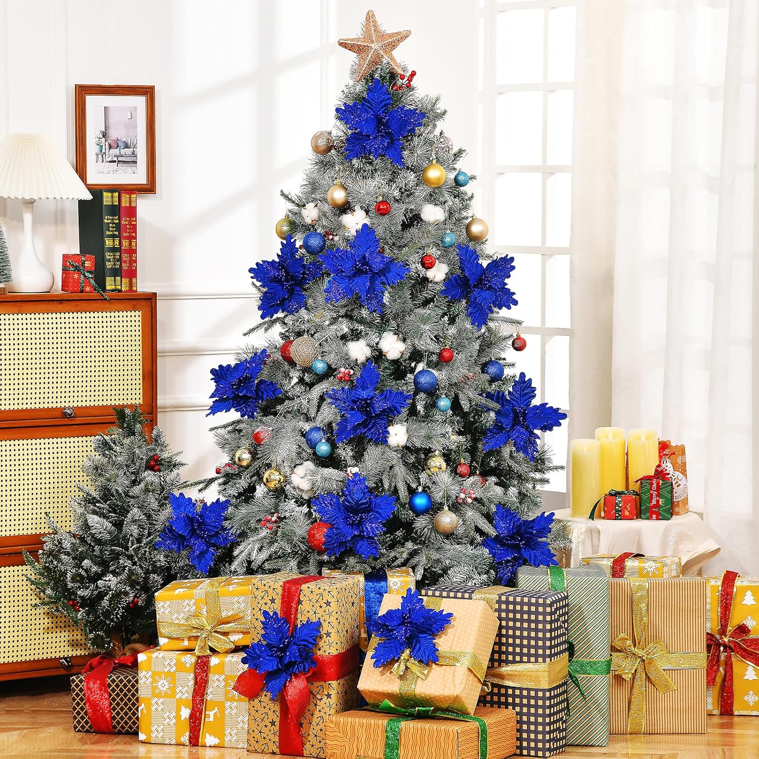 10個 キラキラ 装飾 大きなポインセチア 装飾 クリスマス フラワー ステム クリスマスツリーリース ウェディング装飾 ロイヤルブ