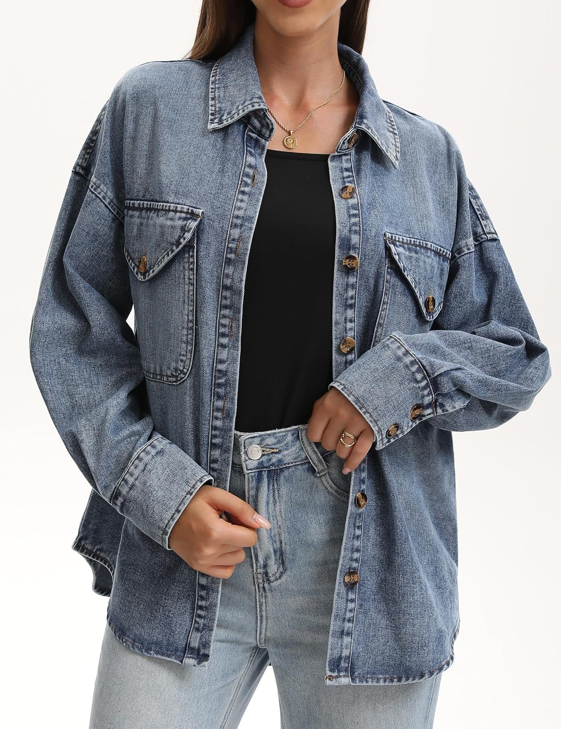 Women's Oversized Denim Shirt Long Sleeve Boyfriend Jean Jacket Button Down Blouse Top - Image 2