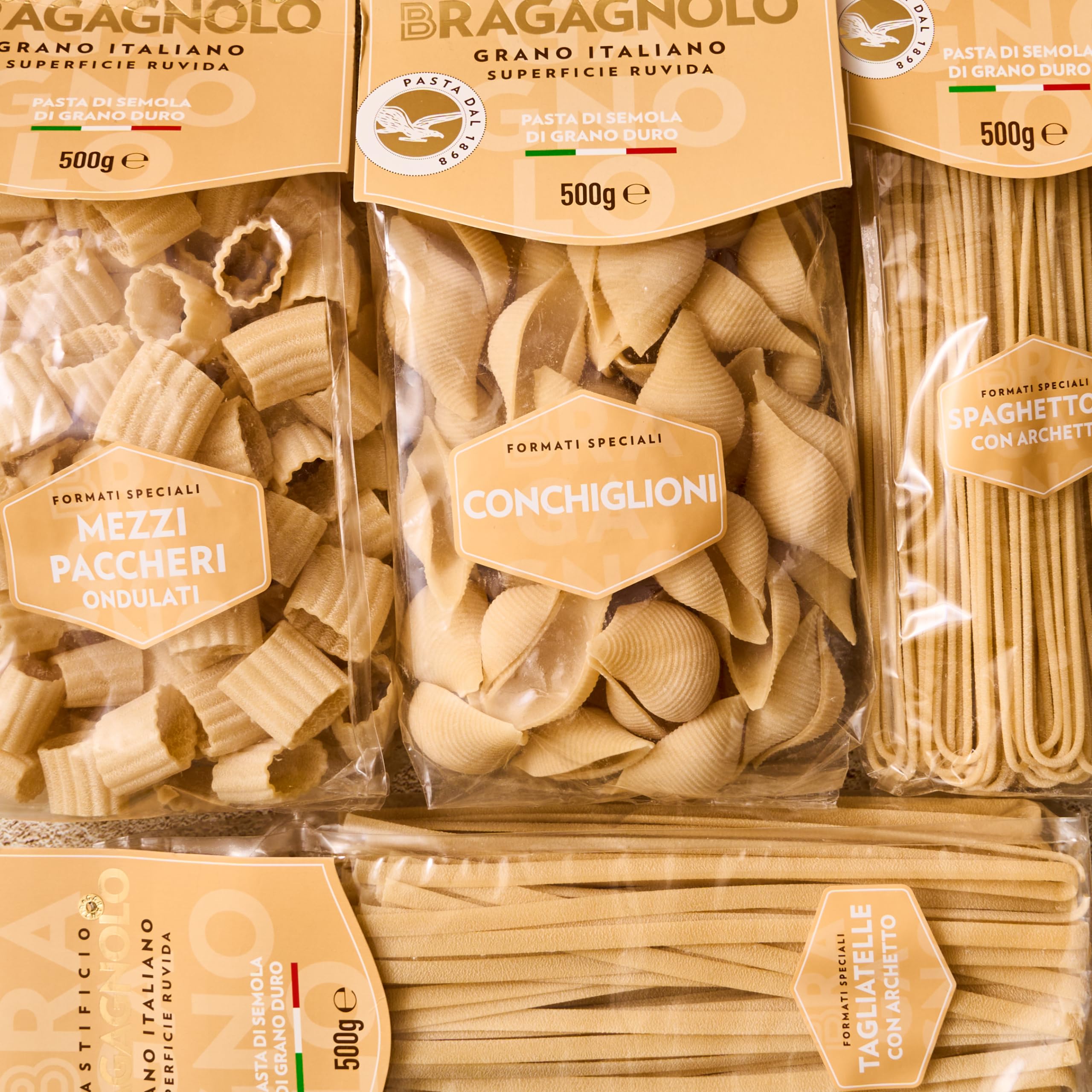 Pastificio Bragagnolo, Mezzi Paccheri Ondulati 887 Trafilati Al Bronzo, Semola di Grano Duro 100% Italiano, 16 Confezioni da 500g