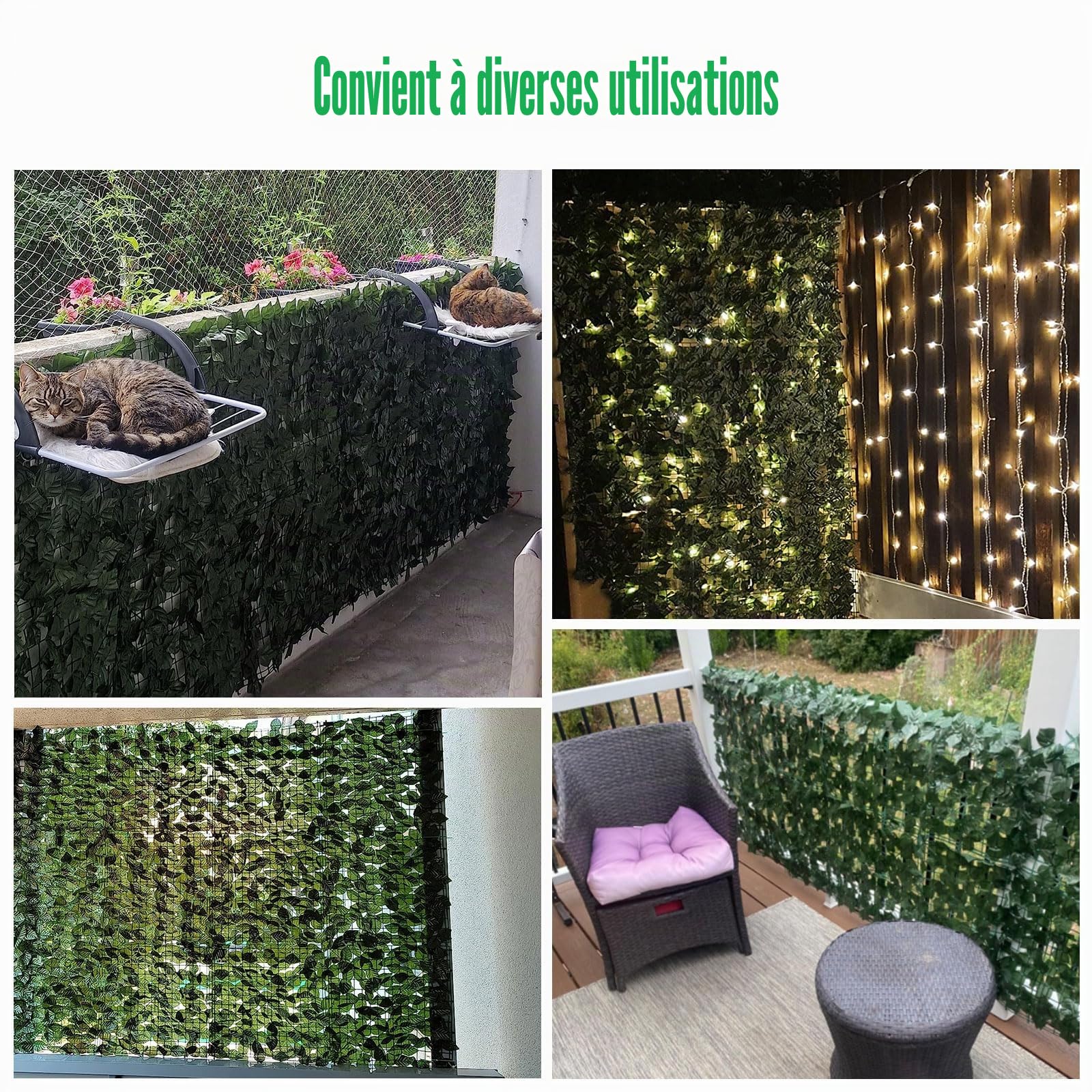 Haie Artificielle 1x6M, Mur Vegetal Artificiel Exterieur, Brise Vue Jardin Décoration, Clôture de Feuilles Artificielles, 100 Pcs Serre Cable Plastique