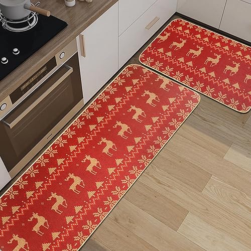 Miniatura 6 de Juego de 2 tapetes de cocina de Navidad, impermeables, antideslizantes, tapetes de cocina para invierno, Navidad, parte trasera de goma, perfil
