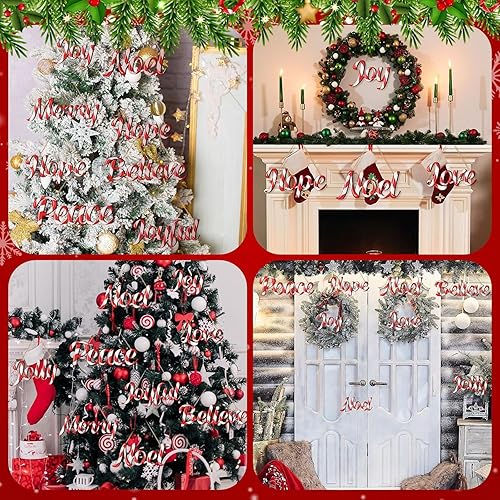 Miniatura 4 de Juego de adornos de Navidad, 10 piezas de árboles de Navidad, decoraciones de caramelo de madera, rojo y blanco, creer, alegría, feliz Navidad,
