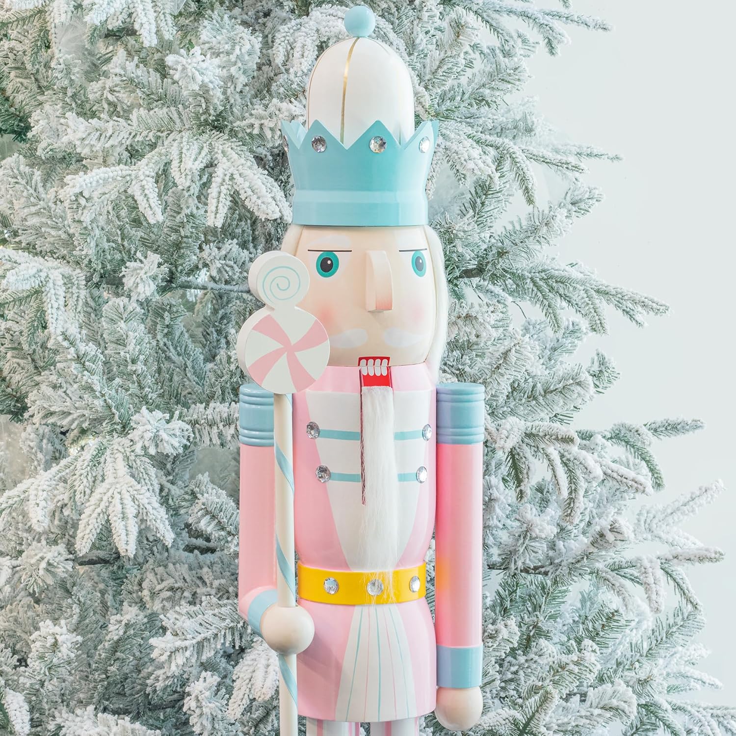 KI Store 4ft Christmas Nutcracker Candyland Pink Wooden King Soldier Nutcracker Figurine Christmas Decorations for Front Door Christmas Tree Mantel Fireplace