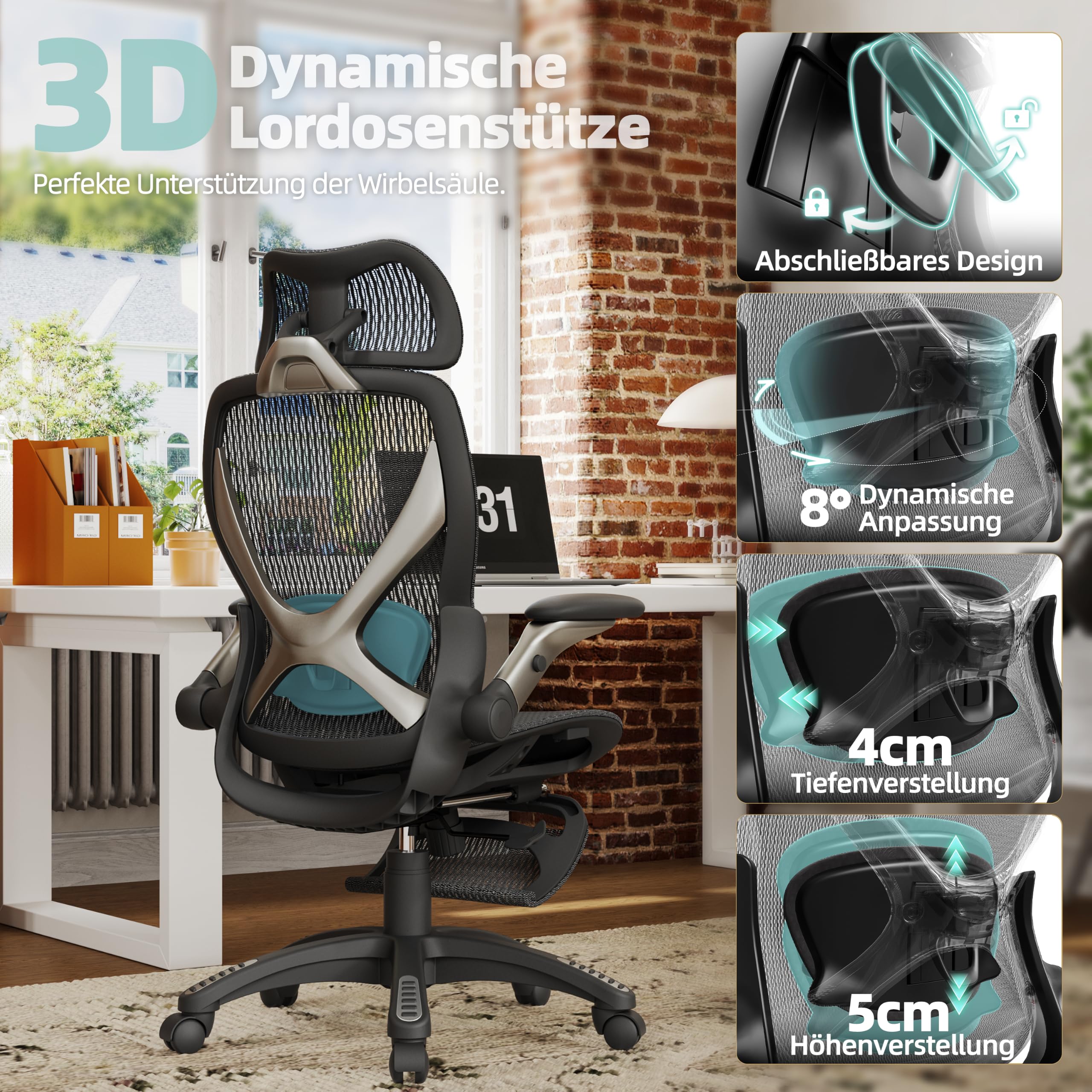 ELABEST X100 Ergonomischer Mesh-Bürostuhl mit Hoher Rückenlehne & Fußstütze | 3D-Lordosenstütze, 120° Neigung, 3D-Kopfstütze, Schreibtischstuhl mit hochklappbaren 5D-Armlehnen für Homeoffice, bis 136 kg