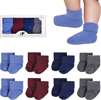 8 Pairs Newborn Socks Thick Cotton Terry Turn Cuff Baby Socks 0-6 Months Cute Gifts for Preemie Infant Girl Boy