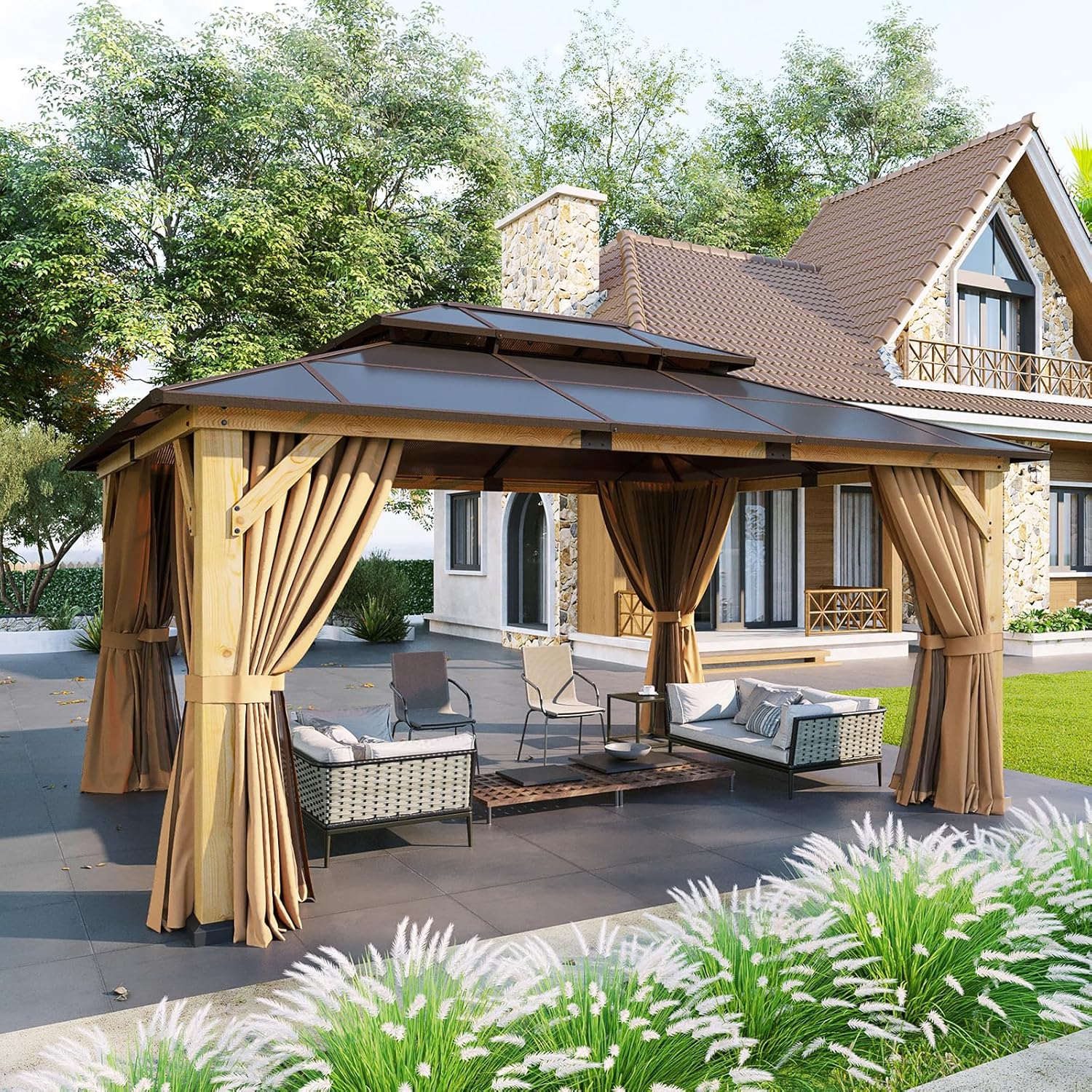 Aoxun 10' x 12' Outdoor Wood Gazebo, Hardtop Gazebo Permanent Wooden Pavilion with Double Polycarbonate Top, for Patio, Garden, Deck, Cedar Wood, Natural