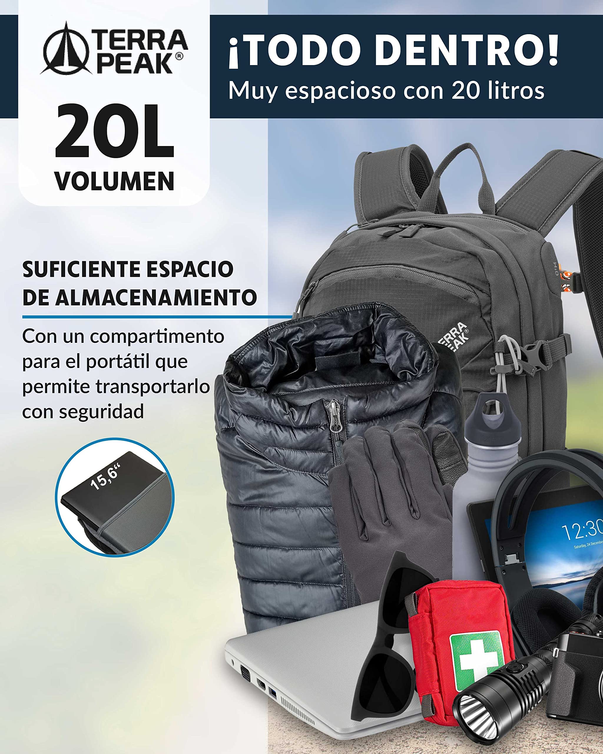 Terra Peak® Mochila de Senderismo 20L para hombre y mujer (FLEX 20 PEQUEÑA) - Mochila de montaña, trekking y viaje para exteriores, ergonómica e impermeable, con ventilación trasera (transpirable)